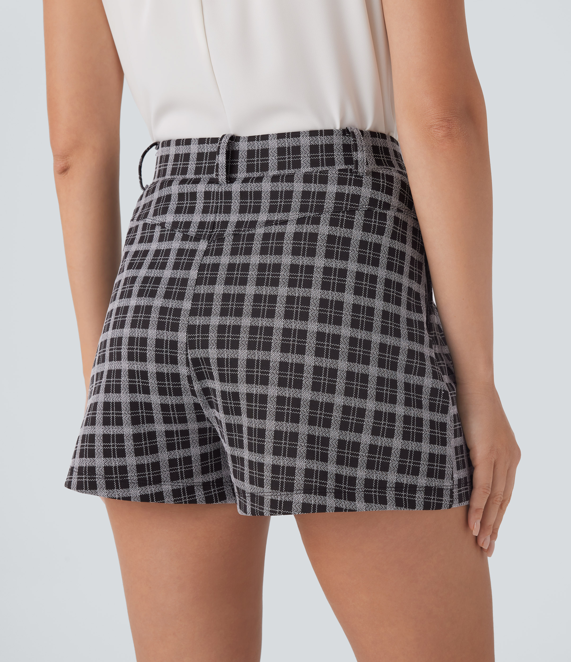 Halara High Waisted Side Pocket Plaid Work Shorts  - Black White Maine Coon Plaid - M booty shorts compression shorts yoga shorts 