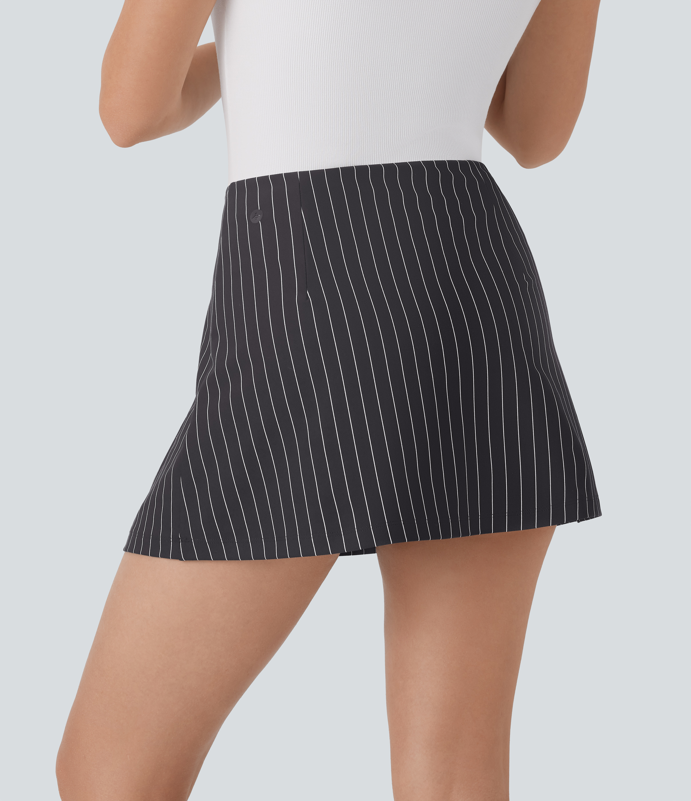 Halara High Waisted Decorative Buttons 2-in-1 Stripe A-line Mini Cool Touch Work Skirt  - Black White Oxford Pinstripe - S(regular) 