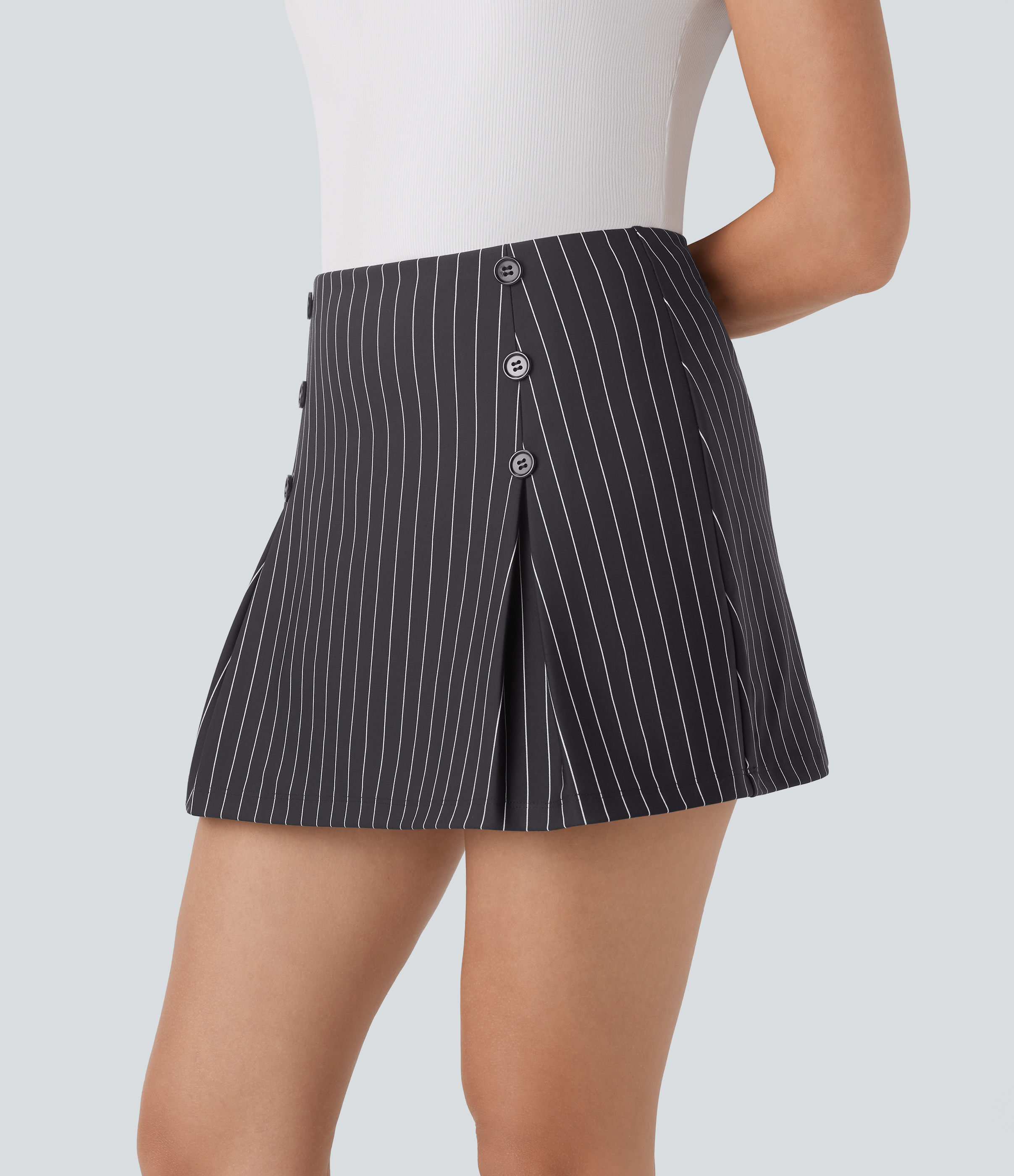 Halara High Waisted Decorative Buttons 2-in-1 Stripe A-line Mini Cool Touch Work Skirt  - Black White Oxford Pinstripe - S(regular) 
