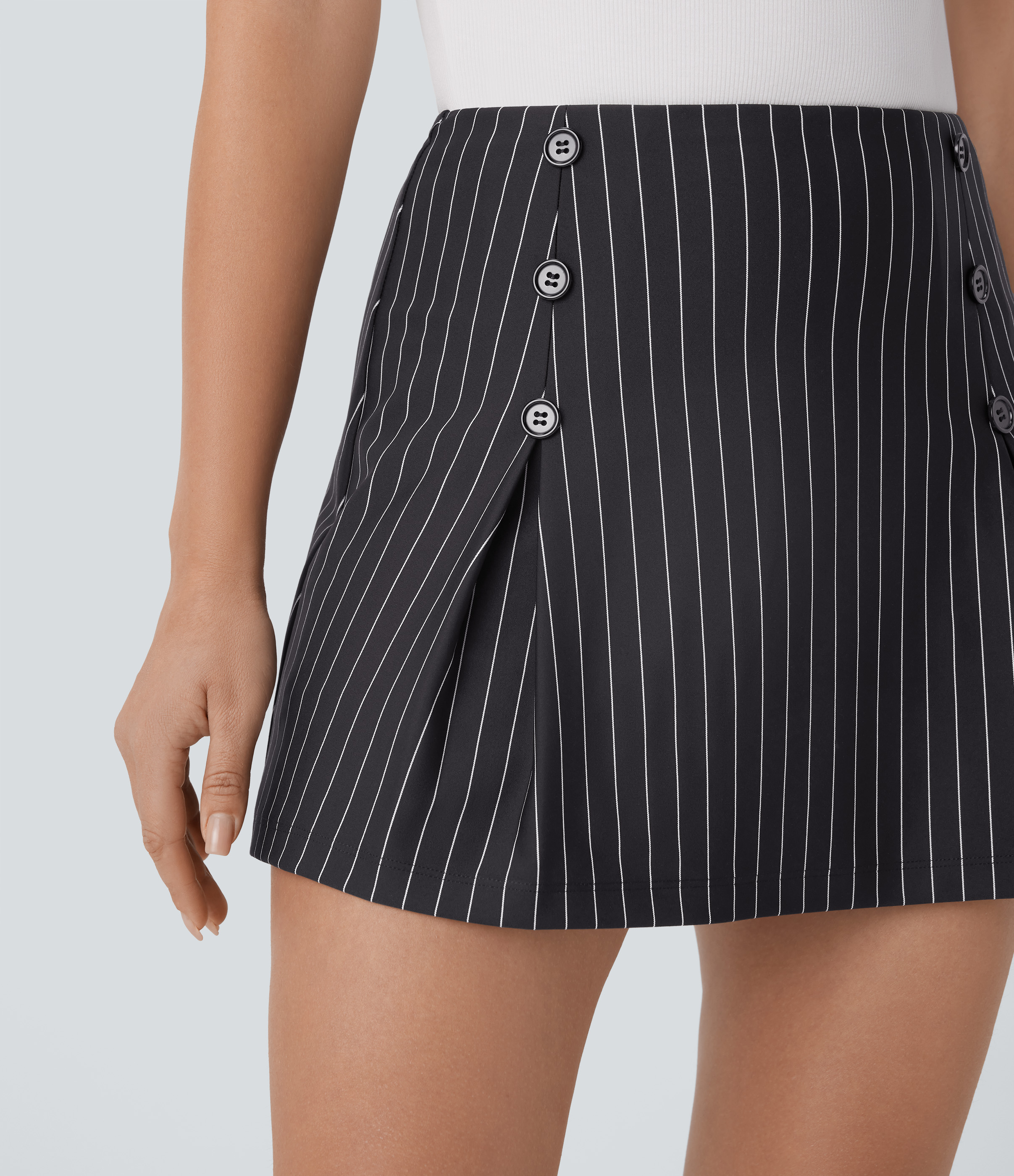 Halara High Waisted Decorative Buttons 2-in-1 Stripe A-line Mini Cool Touch Work Skirt  - Black White Oxford Pinstripe - S(regular) 