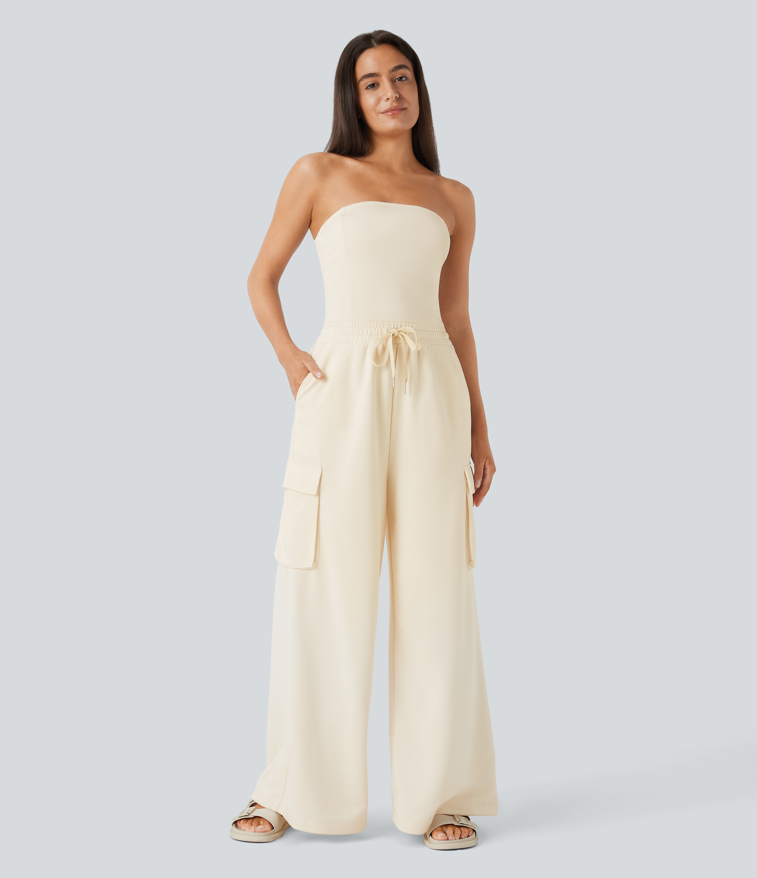 Tube Drawstring Pockets Wide Leg Casual Cargo Jumpsuit