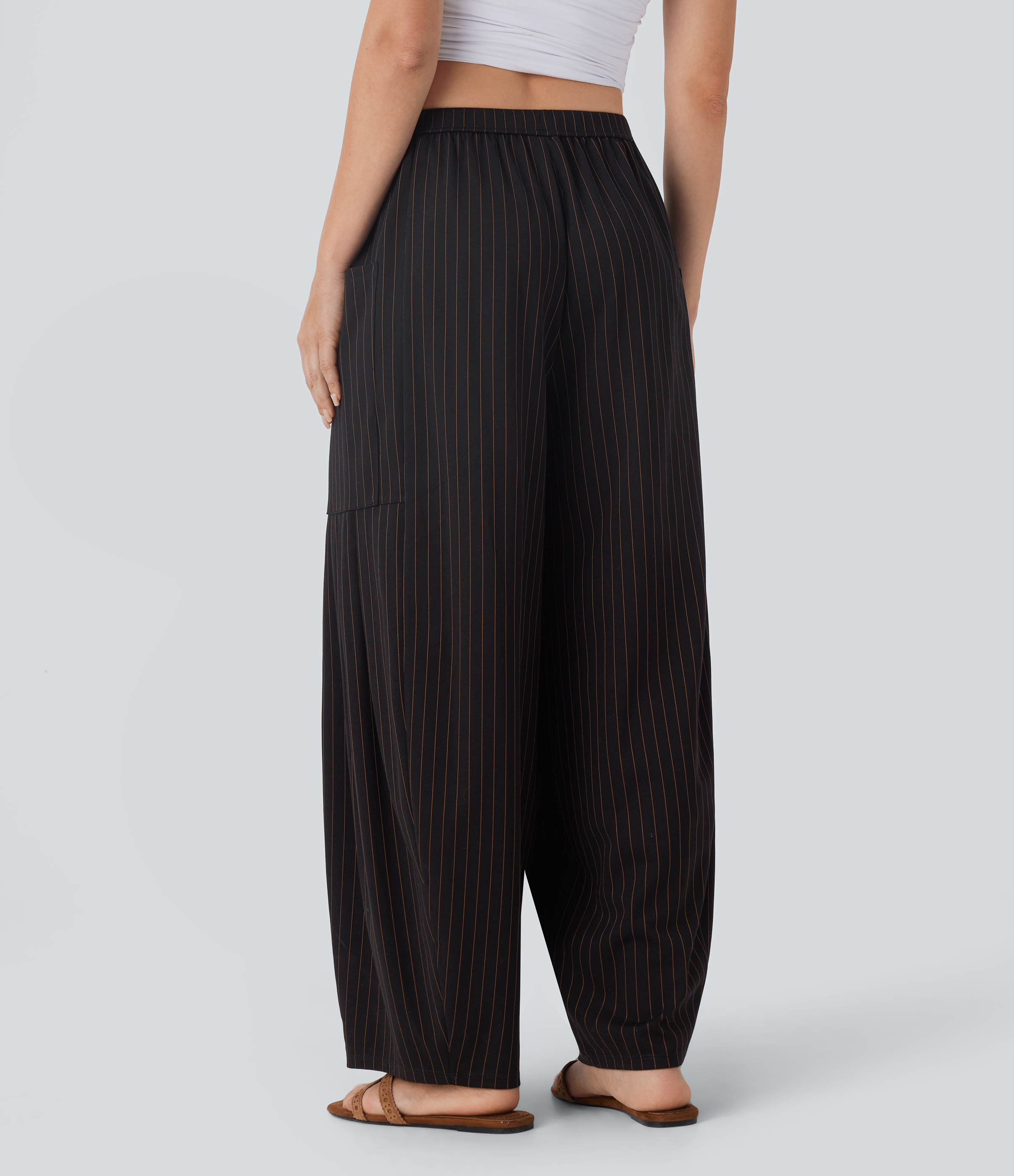 Halara Mid Rise Drawstring Side Pocket Oversize Barrel Leg Cool Touch Stripe Resort Pants  - Black Brown Black Pinstripe - L(regular) 