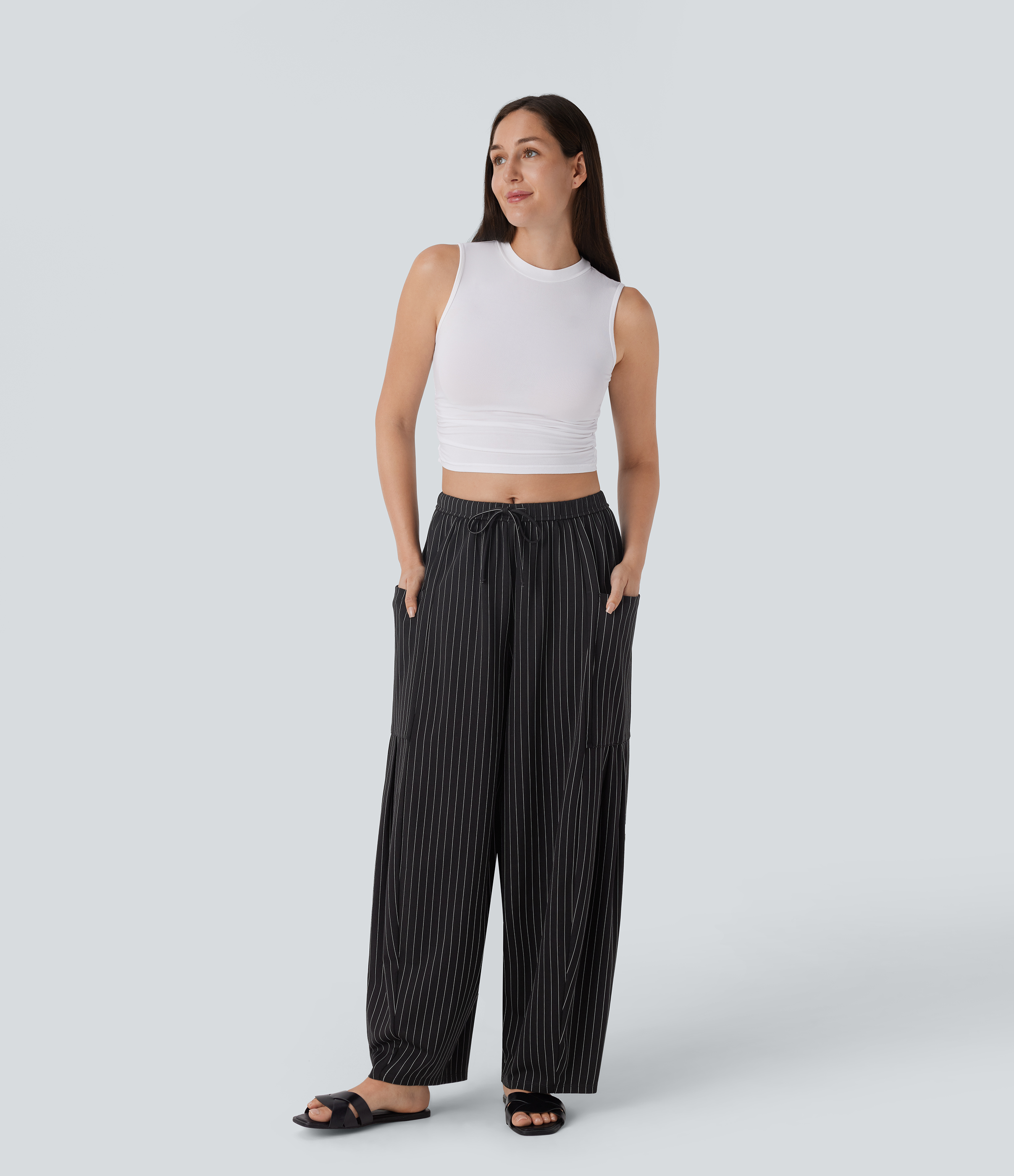 Halara Mid Rise Drawstring Side Pocket Oversize Barrel Leg Cool Touch Stripe Resort Pants  - Black White Pinstripe - M(regular) sweatpants 