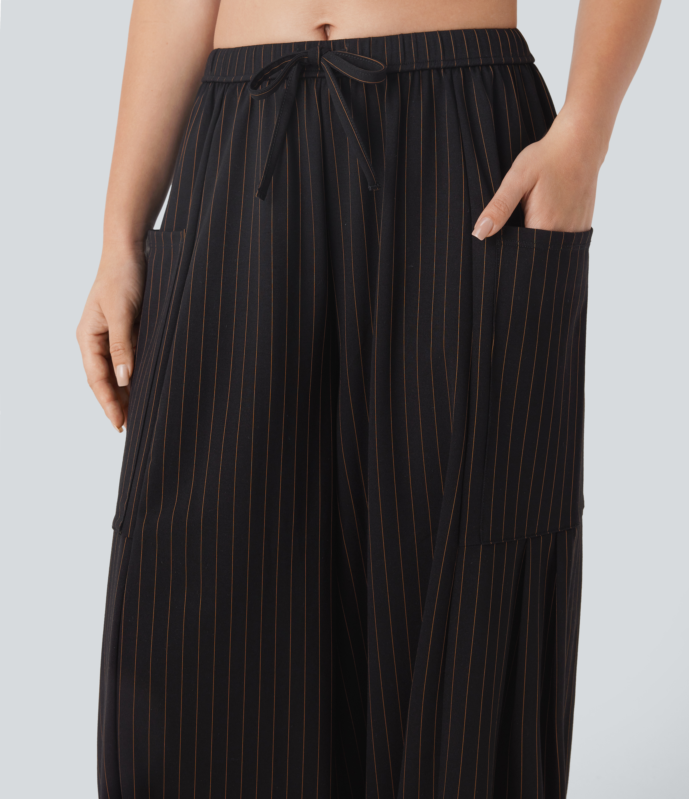 Halara Mid Rise Drawstring Side Pocket Oversize Barrel Leg Cool Touch Stripe Resort Pants  - Black Brown Black Pinstripe - L(regular) 