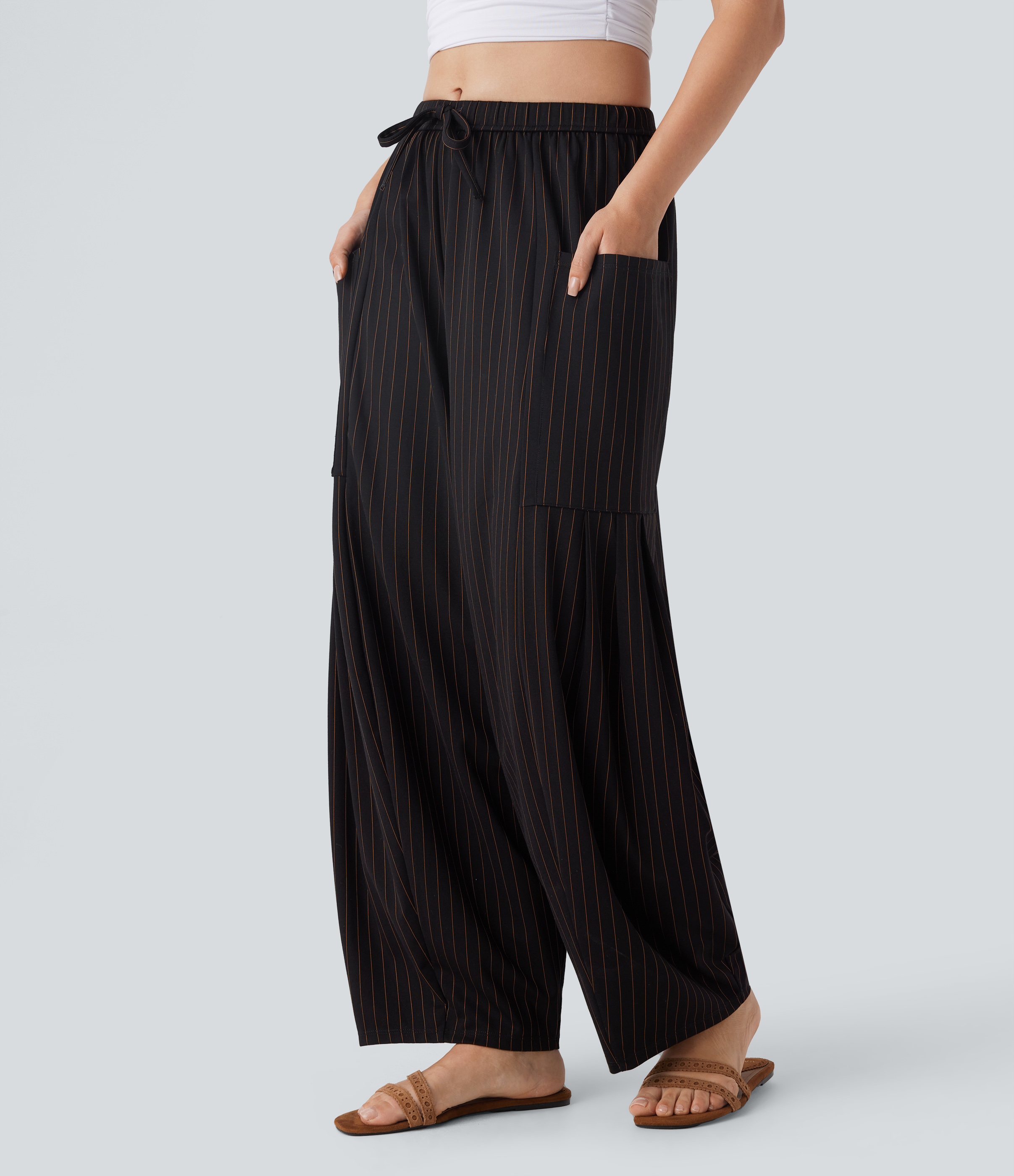 Halara Mid Rise Drawstring Side Pocket Oversize Barrel Leg Cool Touch Stripe Resort Pants  - Black Brown Black Pinstripe - L(regular) 