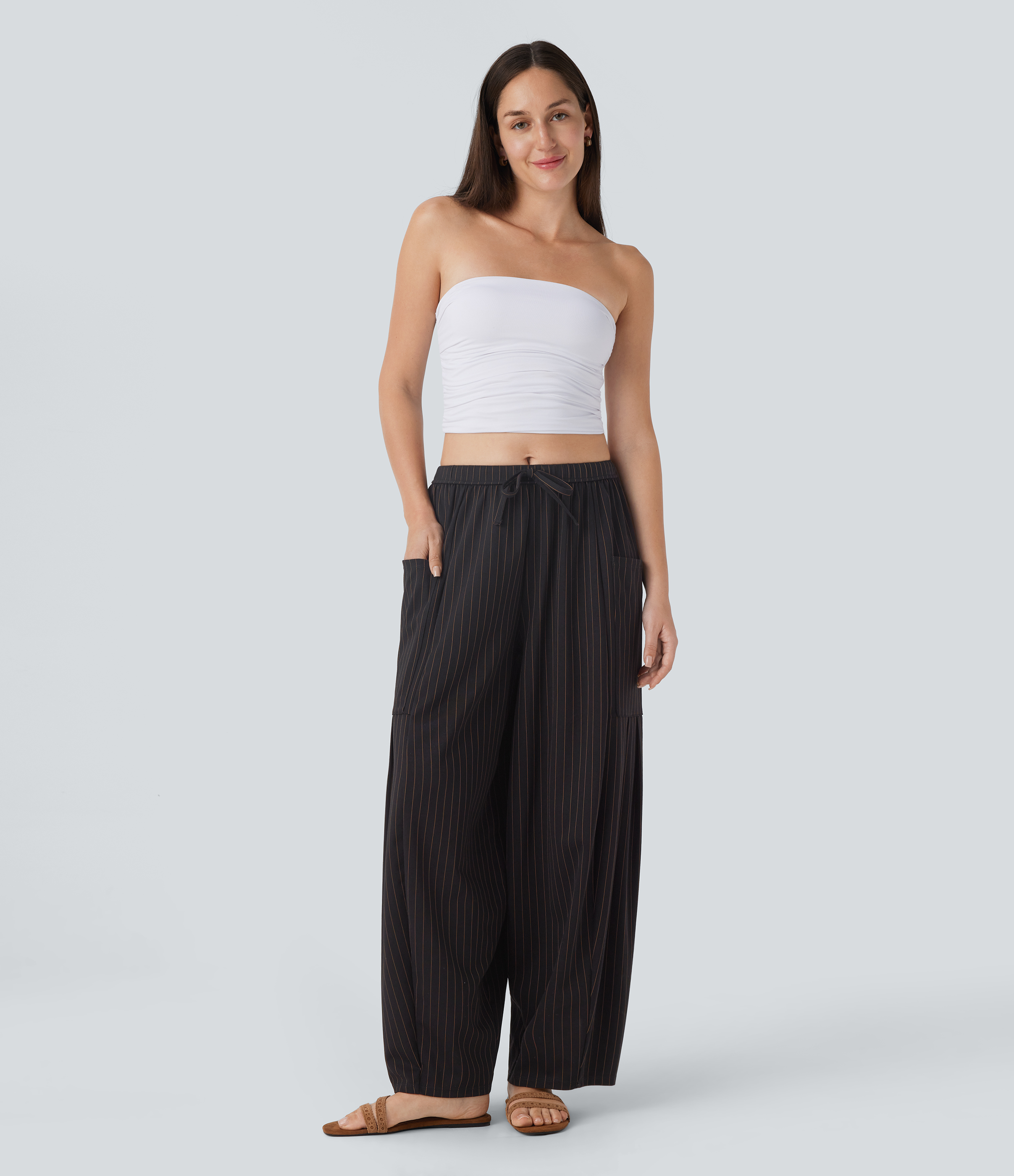 Halara Mid Rise Drawstring Side Pocket Oversize Barrel Leg Cool Touch Stripe Resort Pants  - Black Brown Black Pinstripe - L(regular) 