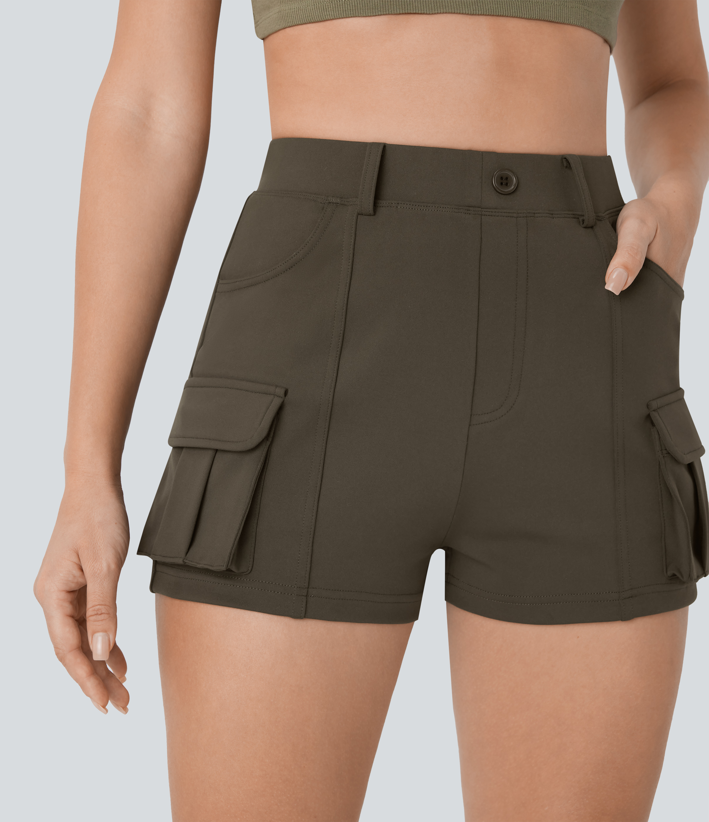 Halara High Waisted Decorative Button Multiple Pockets Casual Cargo Shorts  - Forest Night - XL booty shorts compression shorts yoga shorts 