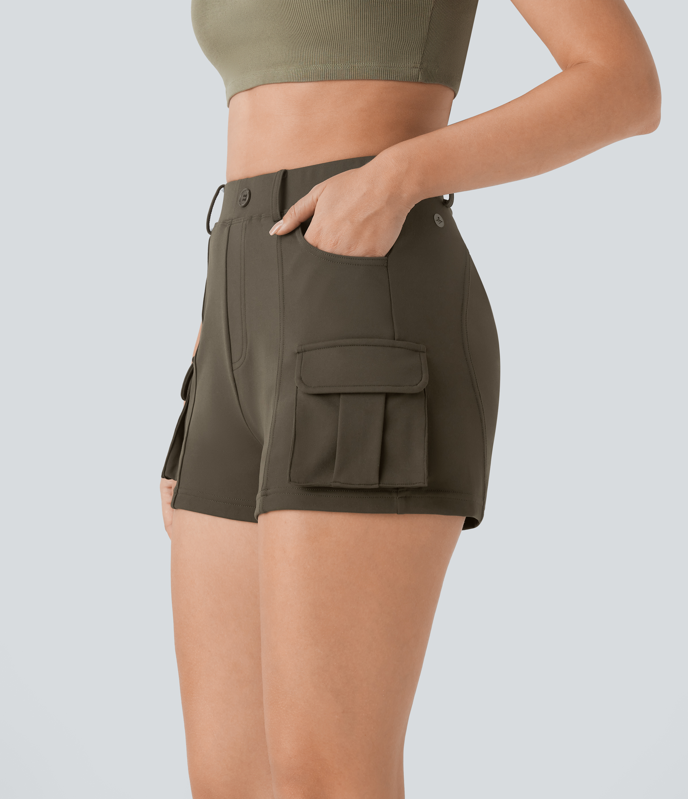 Halara High Waisted Decorative Button Multiple Pockets Casual Cargo Shorts  - Forest Night - XL booty shorts compression shorts yoga shorts 