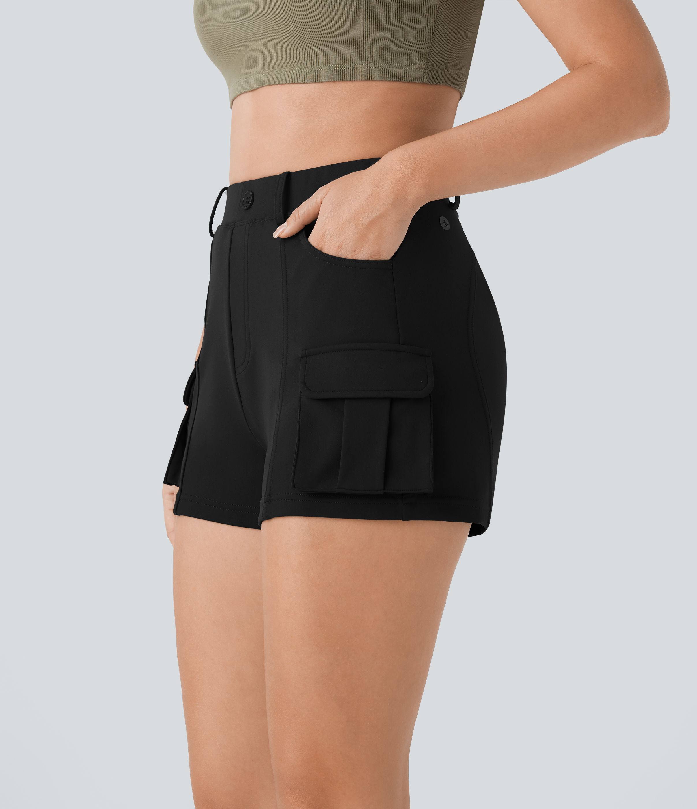 Halara High Waisted Decorative Button Multiple Pockets Casual Cargo Shorts  - Black - XL booty shorts compression shorts yoga shorts 