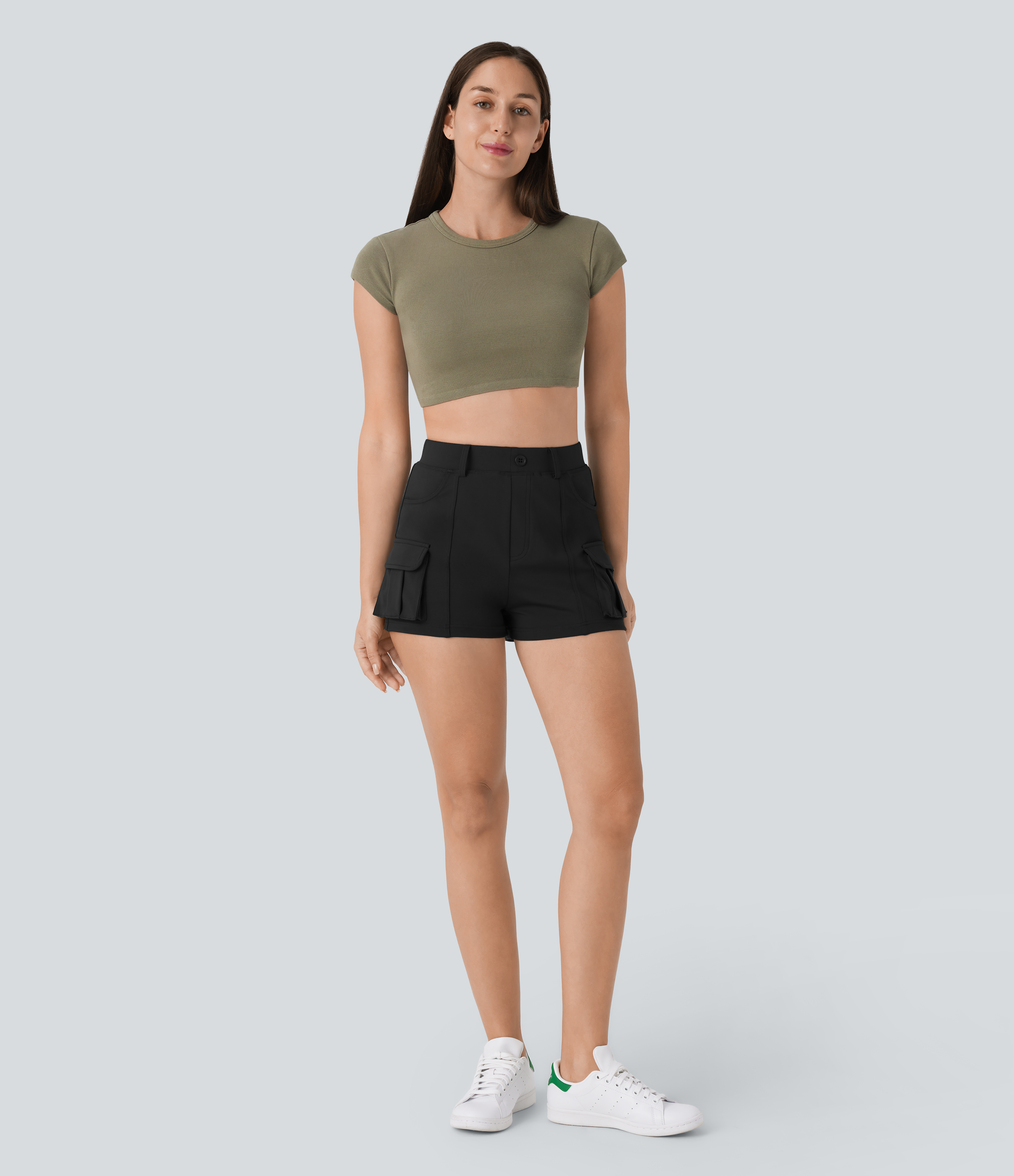 Halara High Waisted Decorative Button Multiple Pockets Casual Cargo Shorts  - Black - XL booty shorts compression shorts yoga shorts 