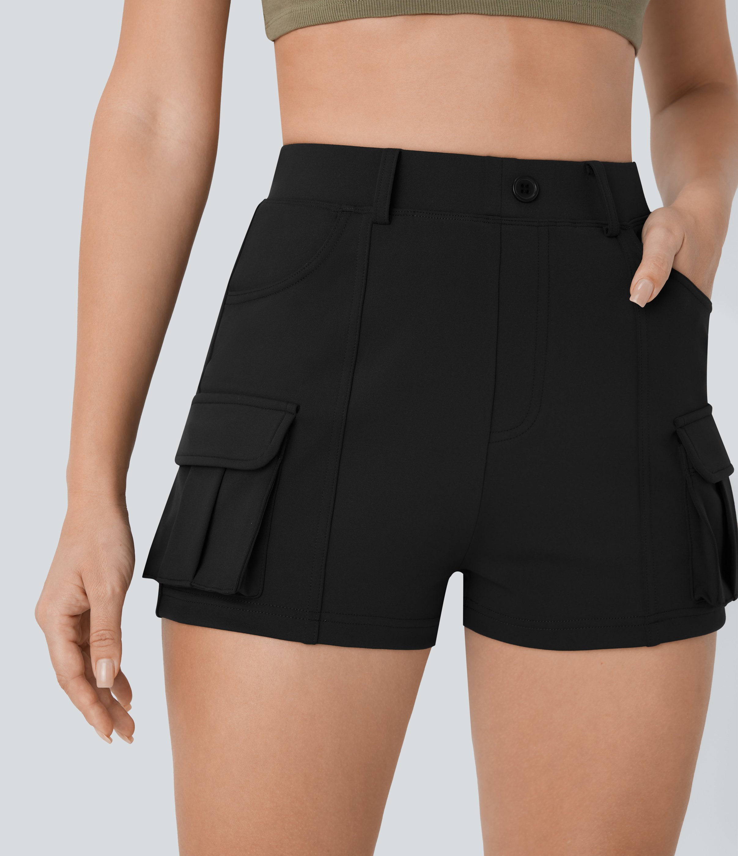 Halara High Waisted Decorative Button Multiple Pockets Casual Cargo Shorts  - Black - XL booty shorts compression shorts yoga shorts 