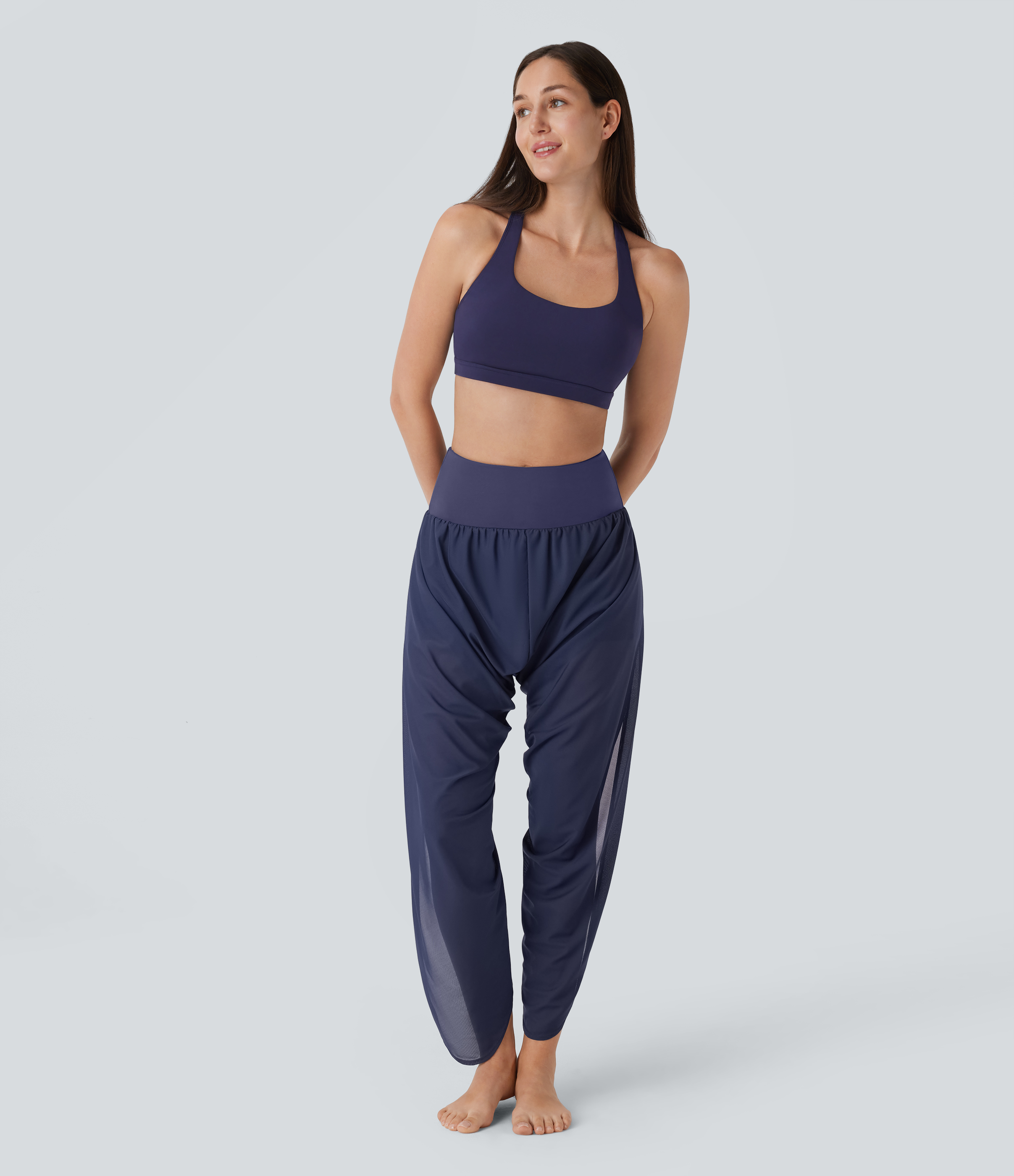 Halara High Waisted 2-in-1 Side Pocket Ruched Contrast Mesh Split Yoga Joggers  - Naval Academy - XL(regular) 