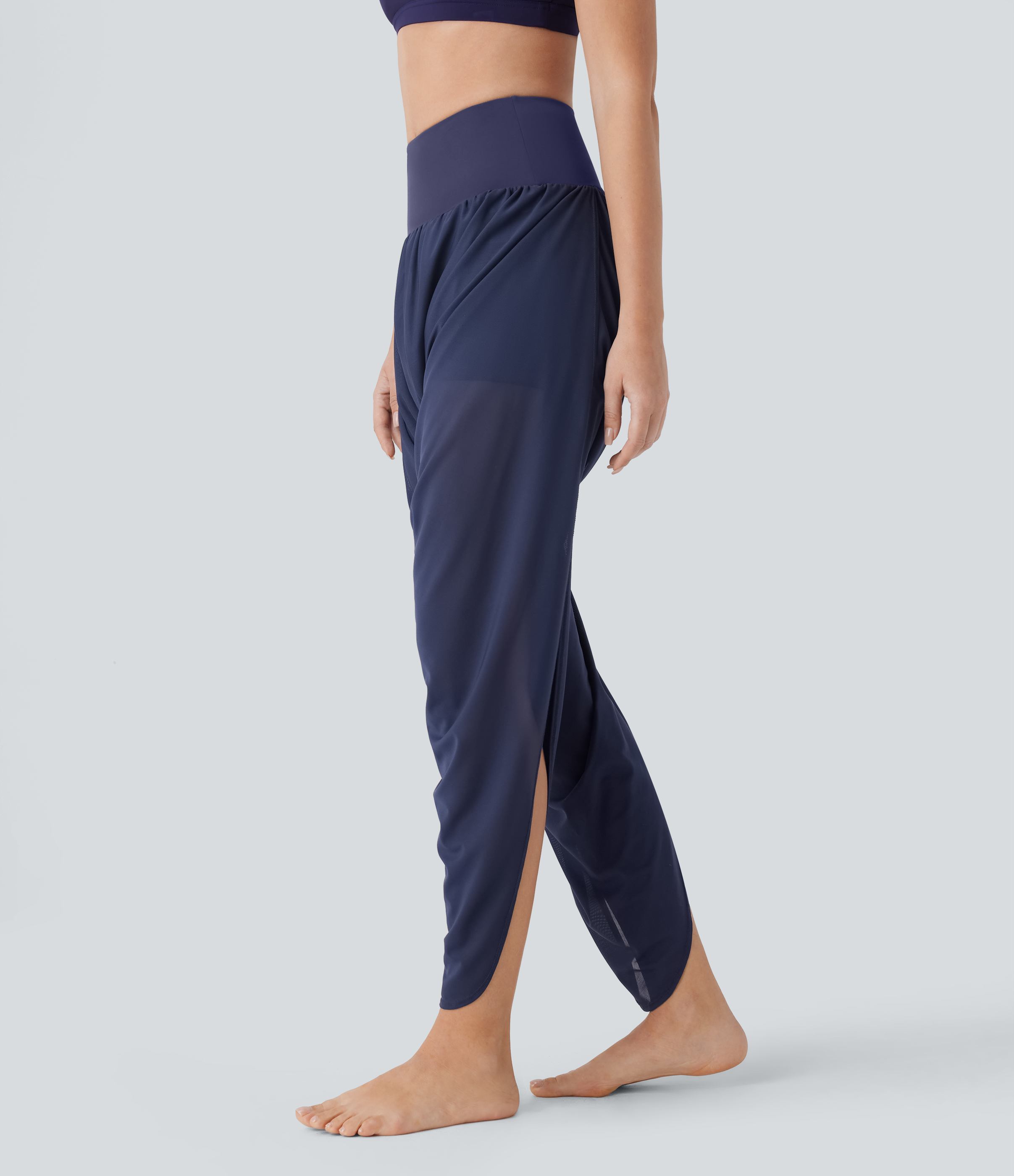 Halara High Waisted 2-in-1 Side Pocket Ruched Contrast Mesh Split Yoga Joggers  - Naval Academy - XL(regular) 