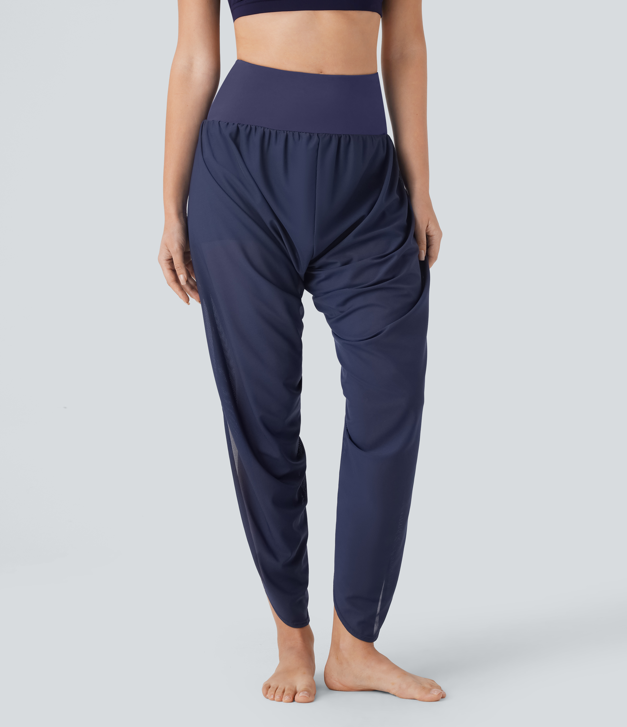 Halara High Waisted 2-in-1 Side Pocket Ruched Contrast Mesh Split Yoga Joggers  - Naval Academy - XL(regular) 