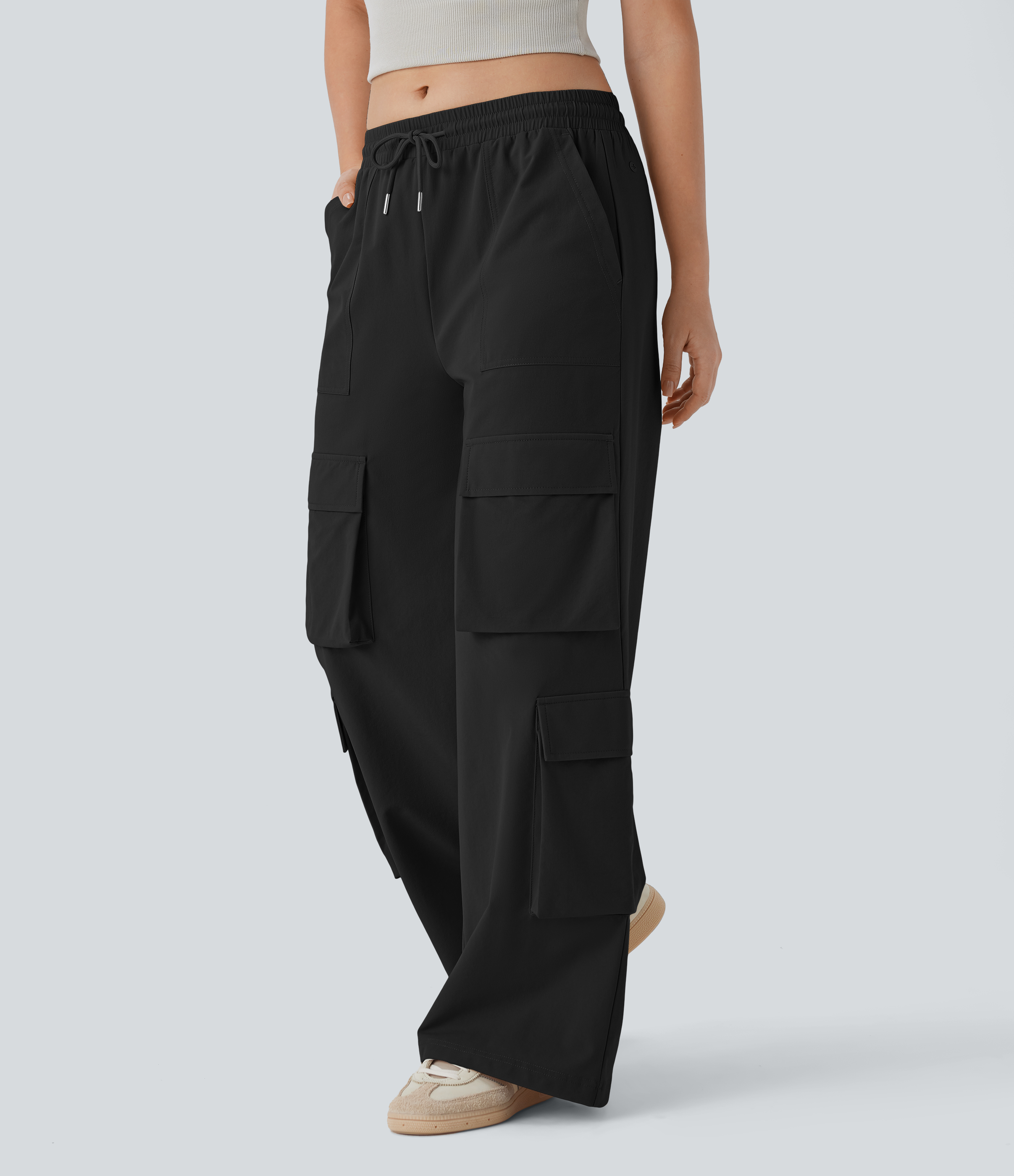 Halara Mid Rise Drawstring Multiple Pockets Wide Leg Cargo Casual Pants  - Black - L(regular) sweatpants jogger pants stacked sweatpants 