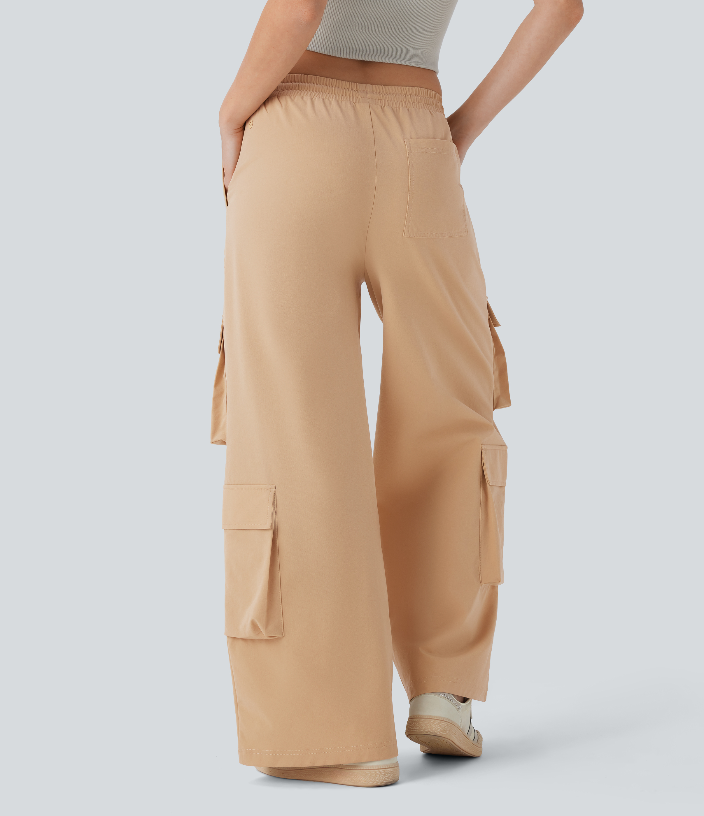 Halara Mid Rise Drawstring Multiple Pockets Wide Leg Cargo Casual Pants  - Moonstone - L(regular) sweatpants jogger pants stacked sweatpants 