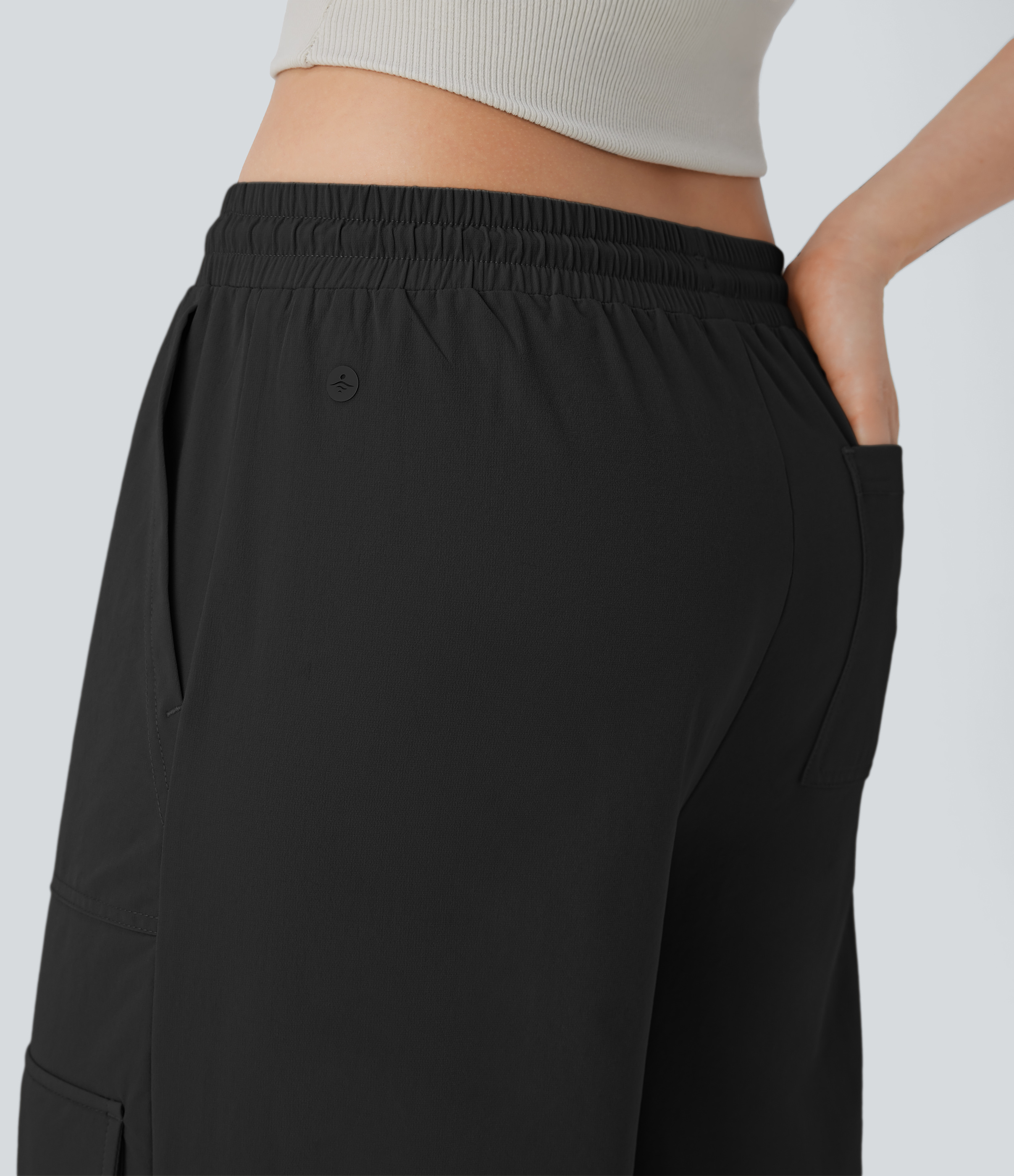 Halara Mid Rise Drawstring Multiple Pockets Wide Leg Cargo Casual Pants  - Black - L(regular) sweatpants jogger pants stacked sweatpants 