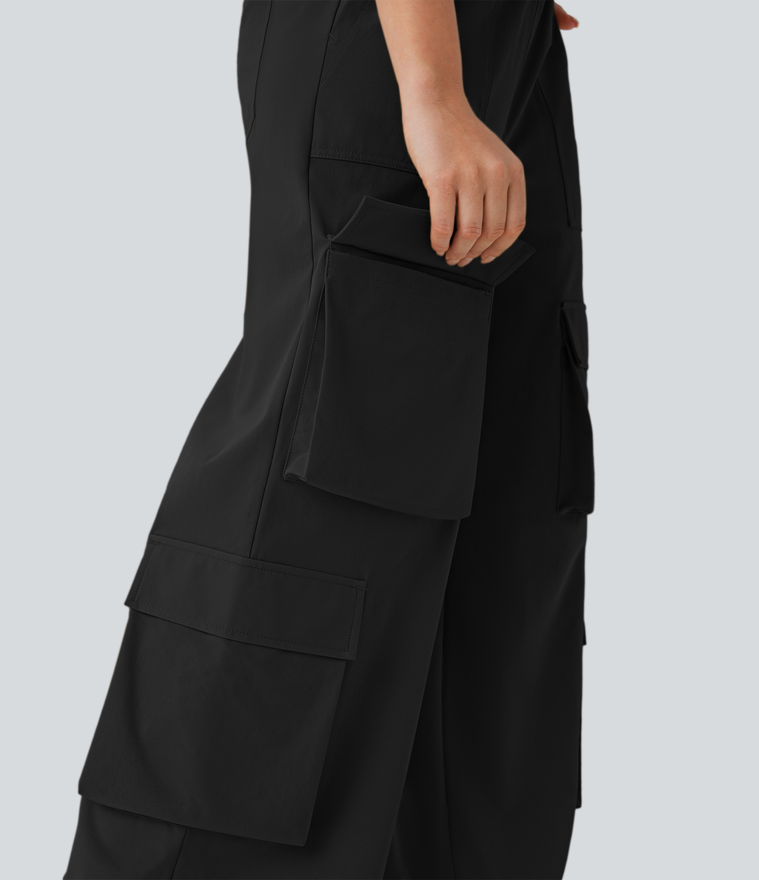Halara Mid Rise Drawstring Multiple Pockets Wide Leg Cargo Casual Pants  - Black - L(regular) sweatpants jogger pants stacked sweatpants 