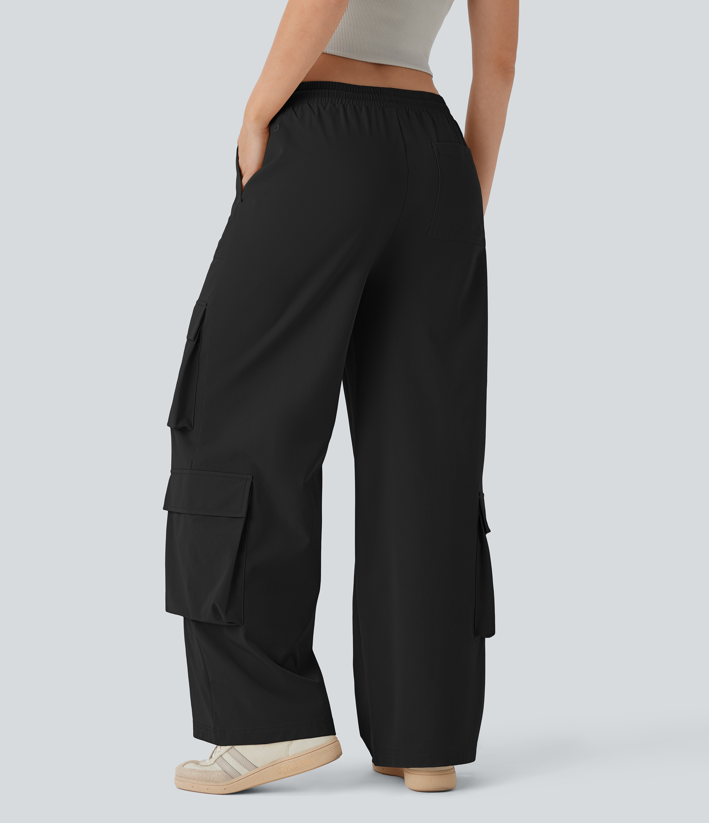 Halara Mid Rise Drawstring Multiple Pockets Wide Leg Cargo Casual Pants  - Black - L(regular) sweatpants jogger pants stacked sweatpants 