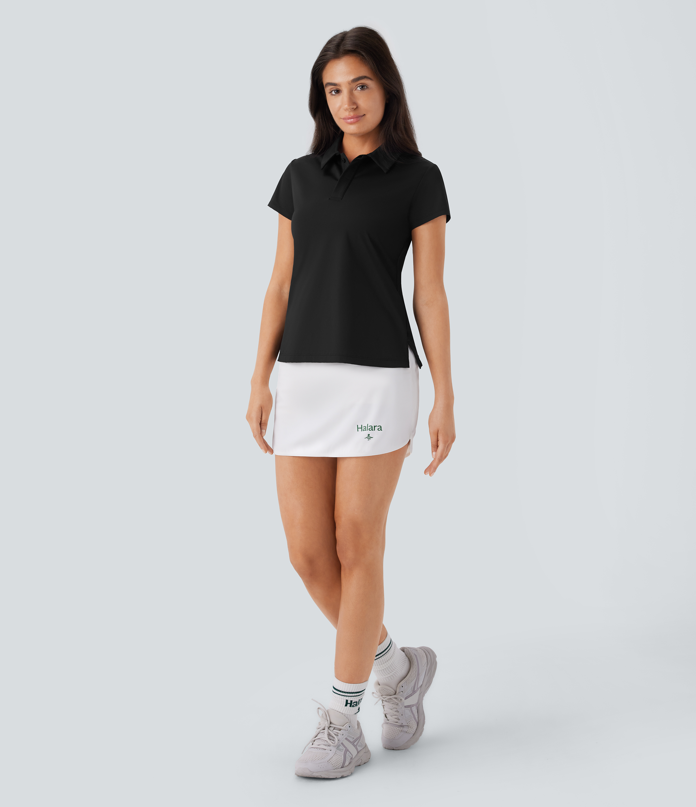 Halara Lightweight Polo Collar Button Front Short Sleeve Split Golf Sports Top  - Black - M 