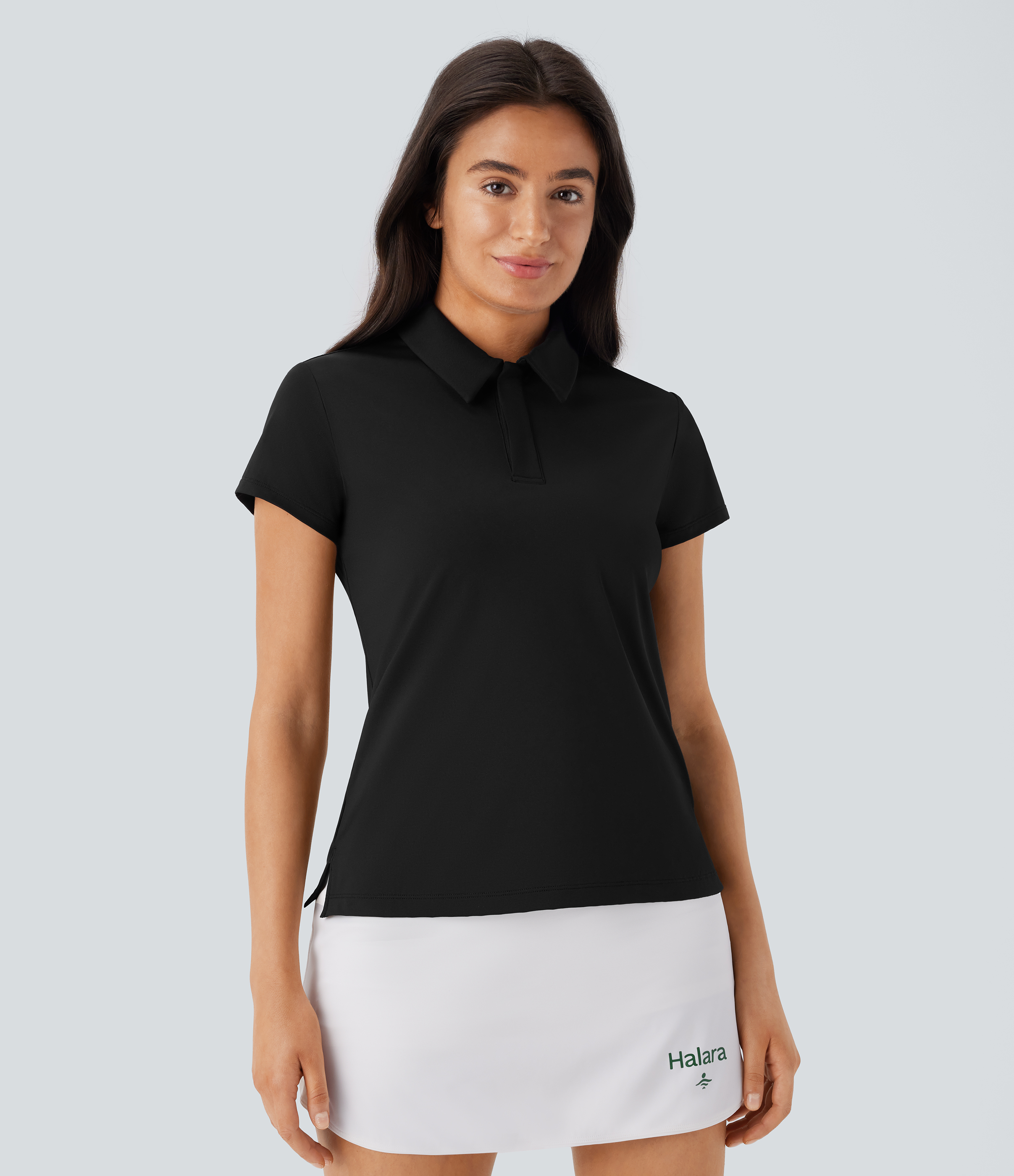 Halara Lightweight Polo Collar Button Front Short Sleeve Split Golf Sports Top  - Black - M 
