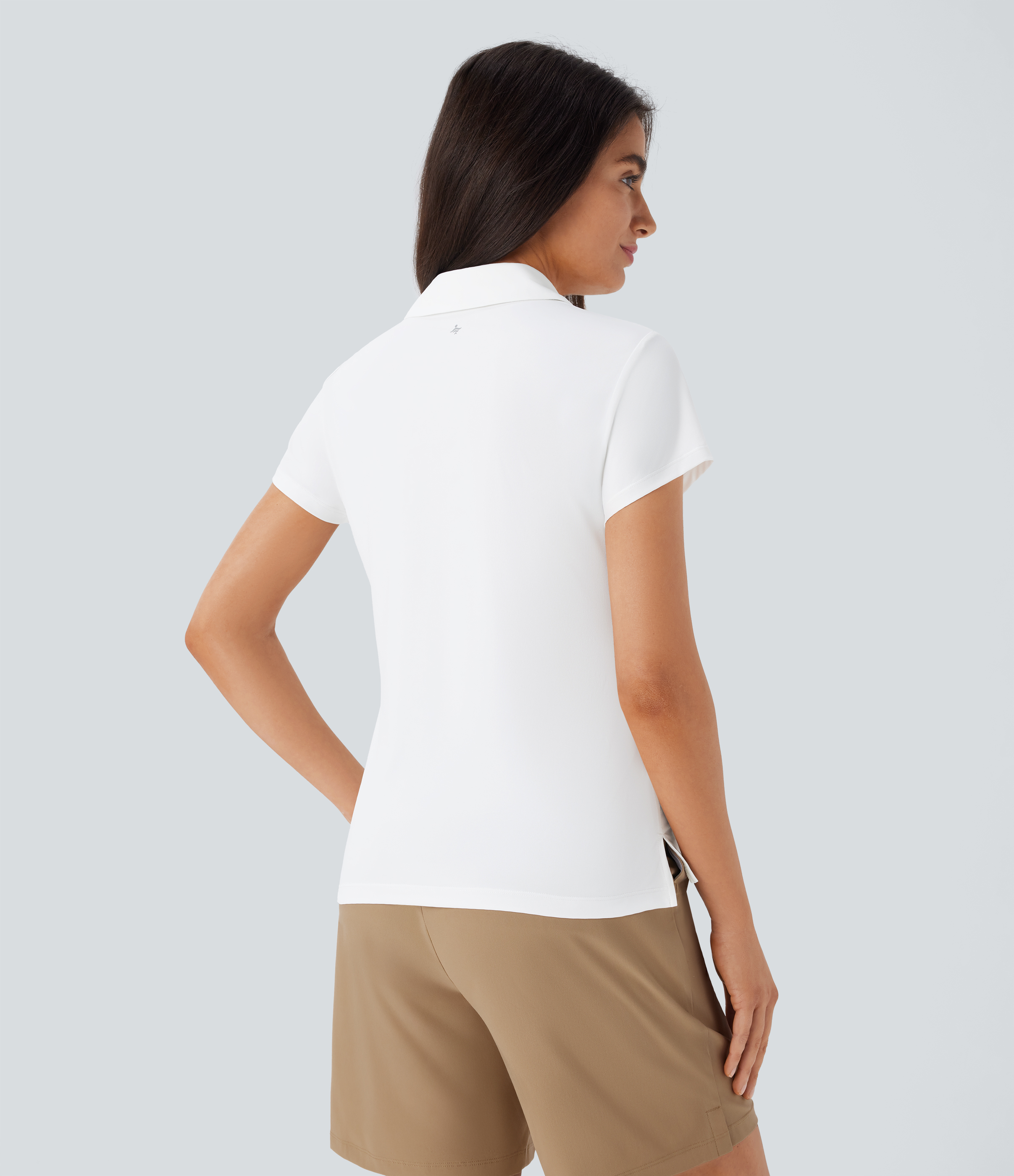 Halara Lightweight Polo Collar Button Front Short Sleeve Split Golf Sports Top  - White - XS 