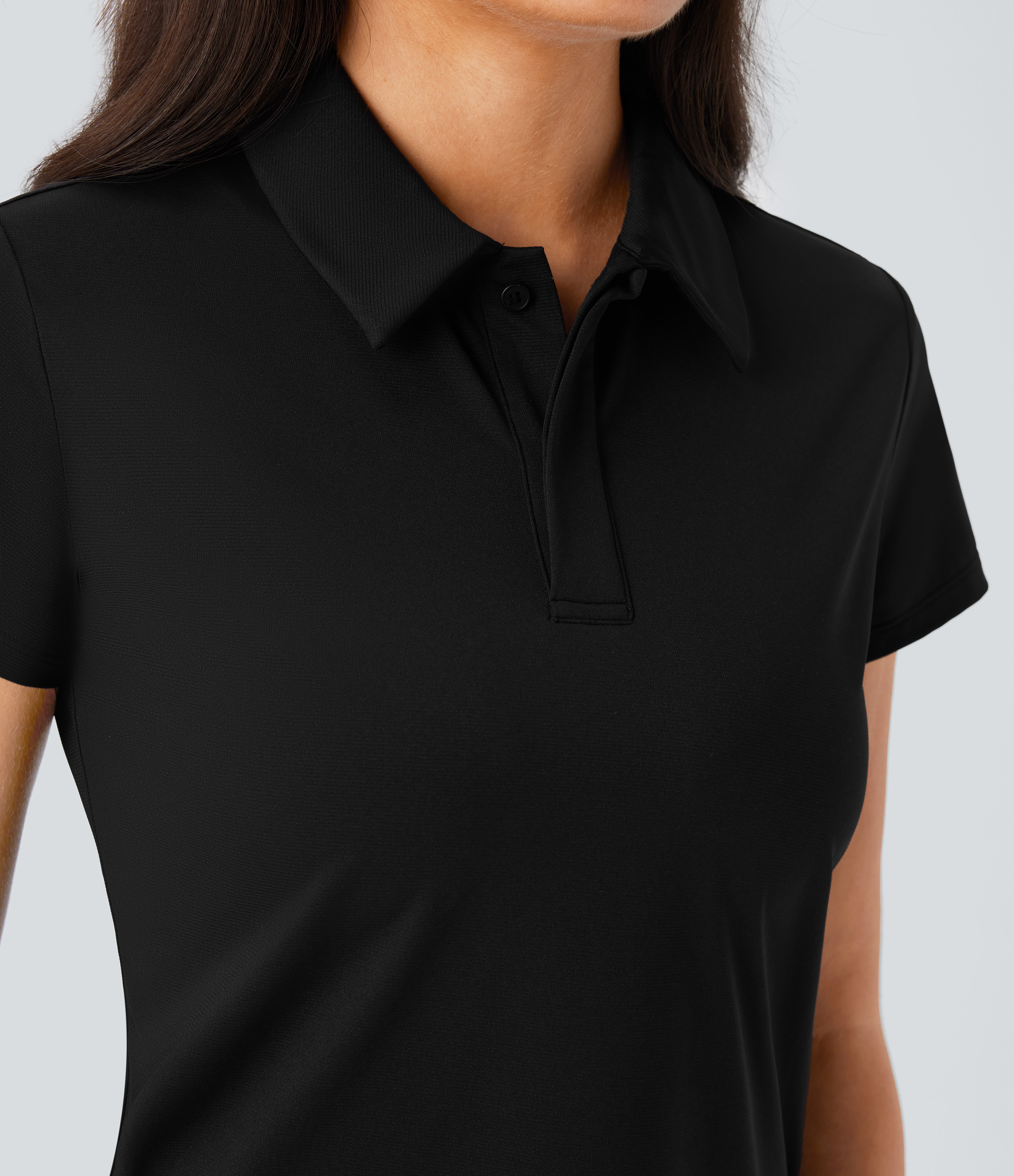 Halara Lightweight Polo Collar Button Front Short Sleeve Split Golf Sports Top  - Black - M 