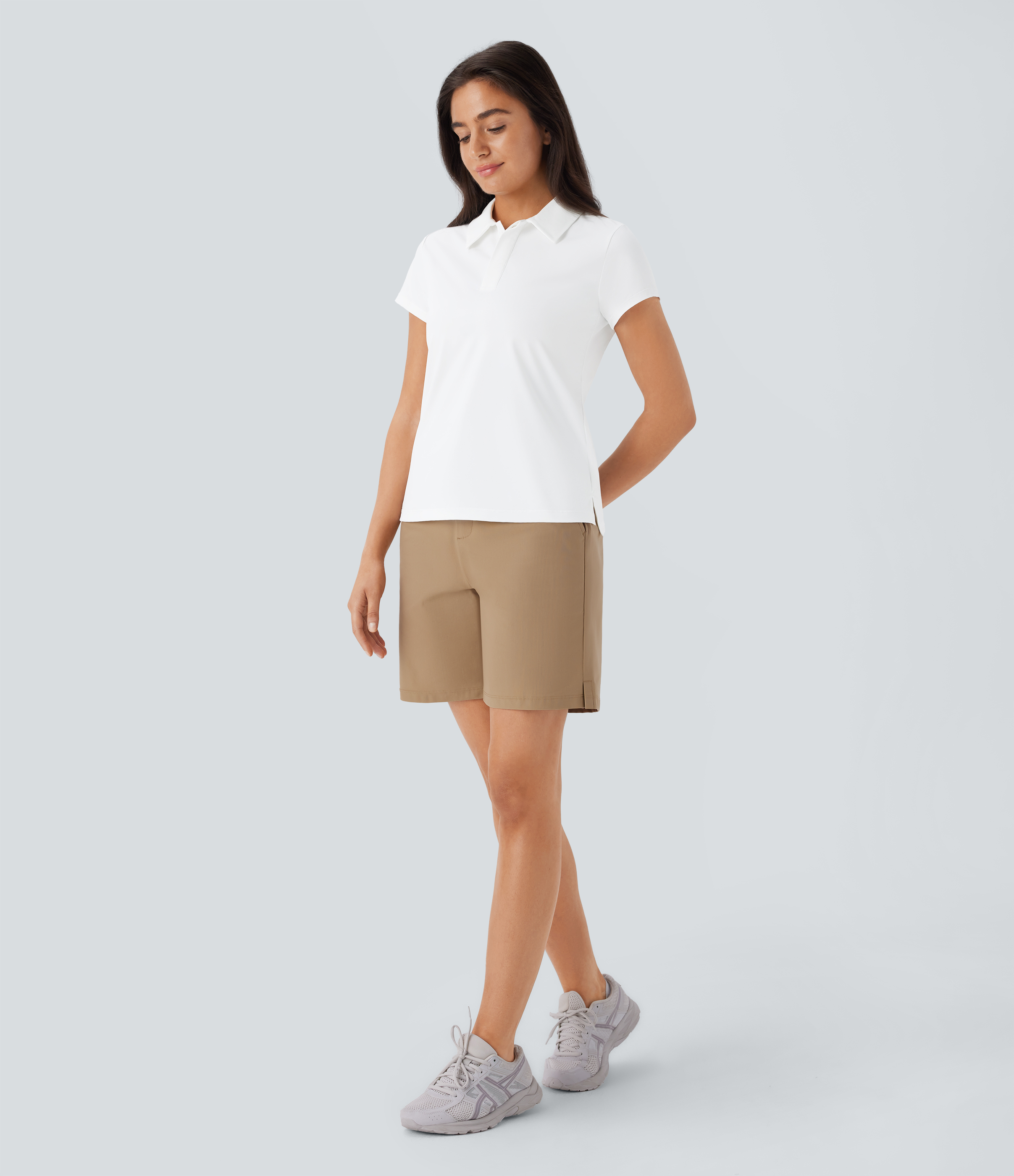 Halara Lightweight Polo Collar Button Front Short Sleeve Split Golf Sports Top  - White - XS 