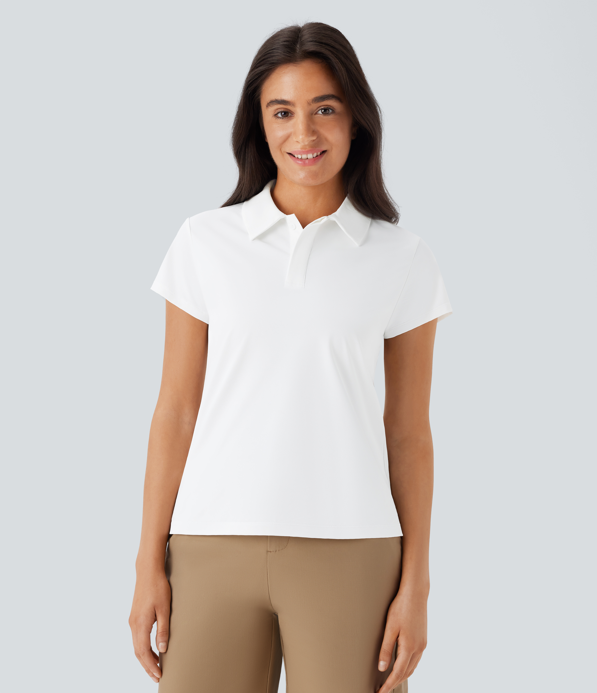 Halara Lightweight Polo Collar Button Front Short Sleeve Split Golf Sports Top  - White - XS 