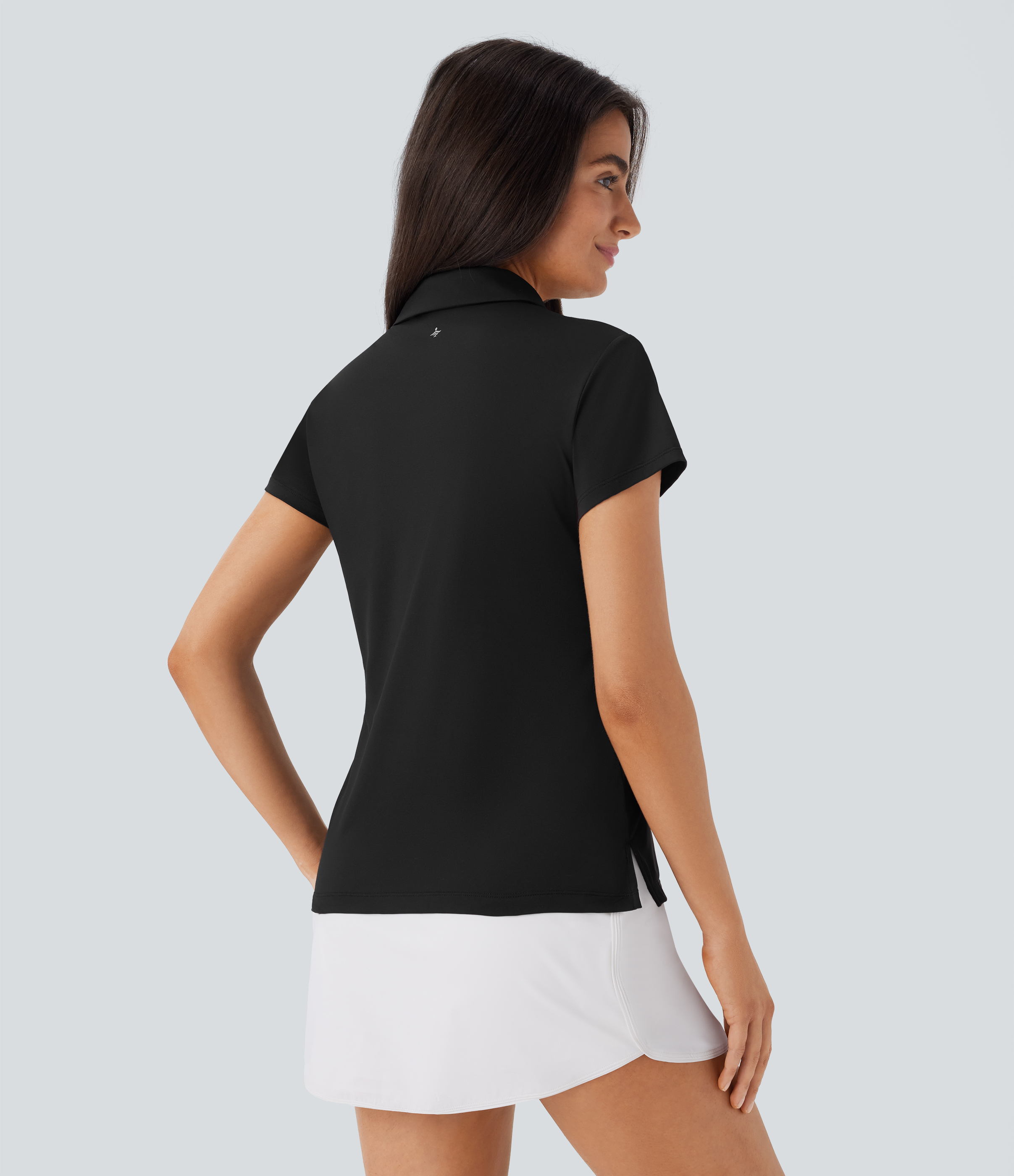 Halara Lightweight Polo Collar Button Front Short Sleeve Split Golf Sports Top  - Black - M 