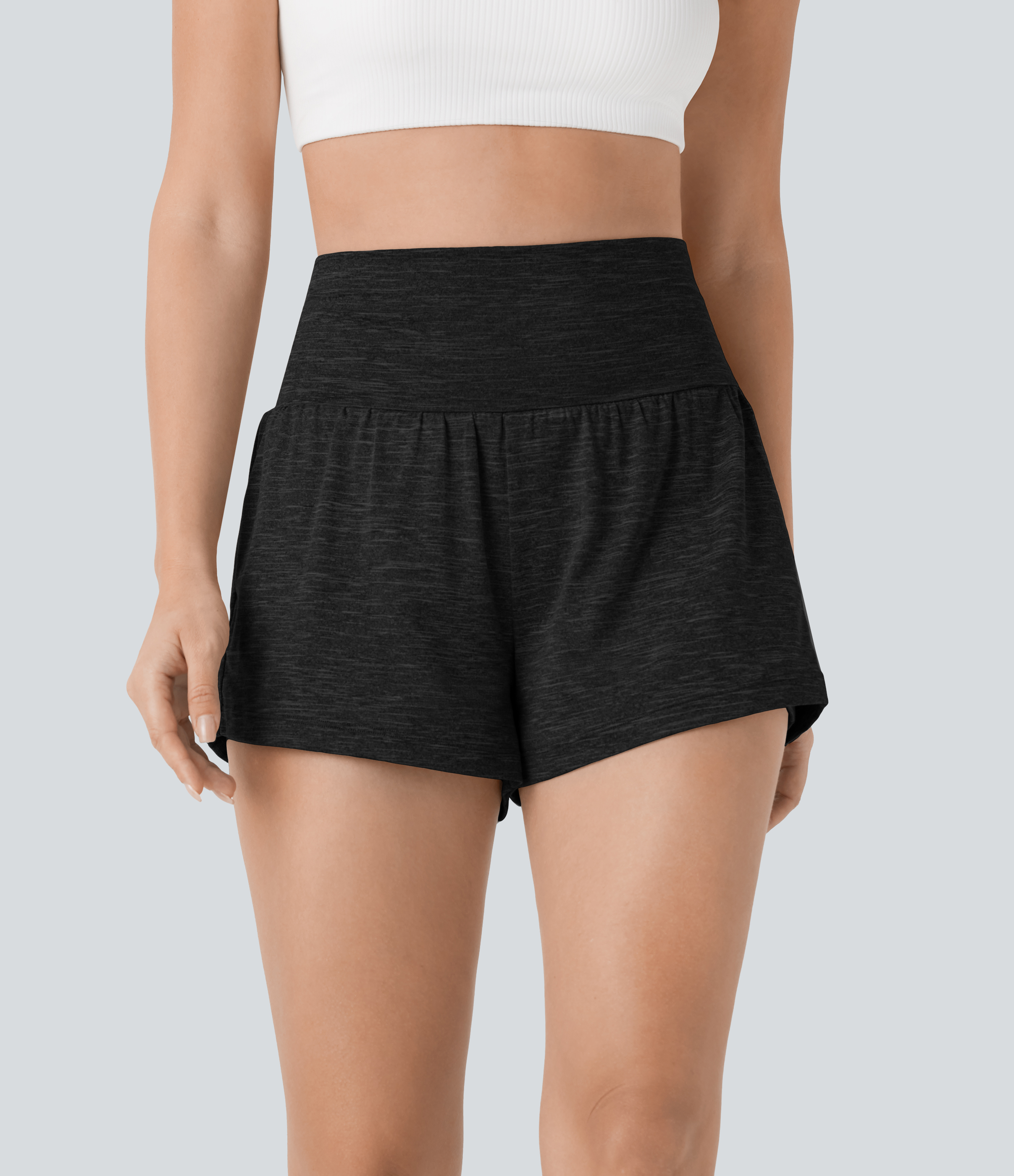 Halara Super High Waisted Back Pocket & Side Hidden Pocket 2-in-1 Yoga Shorts 3`` Gym Short - Grayish Black - S booty shorts 