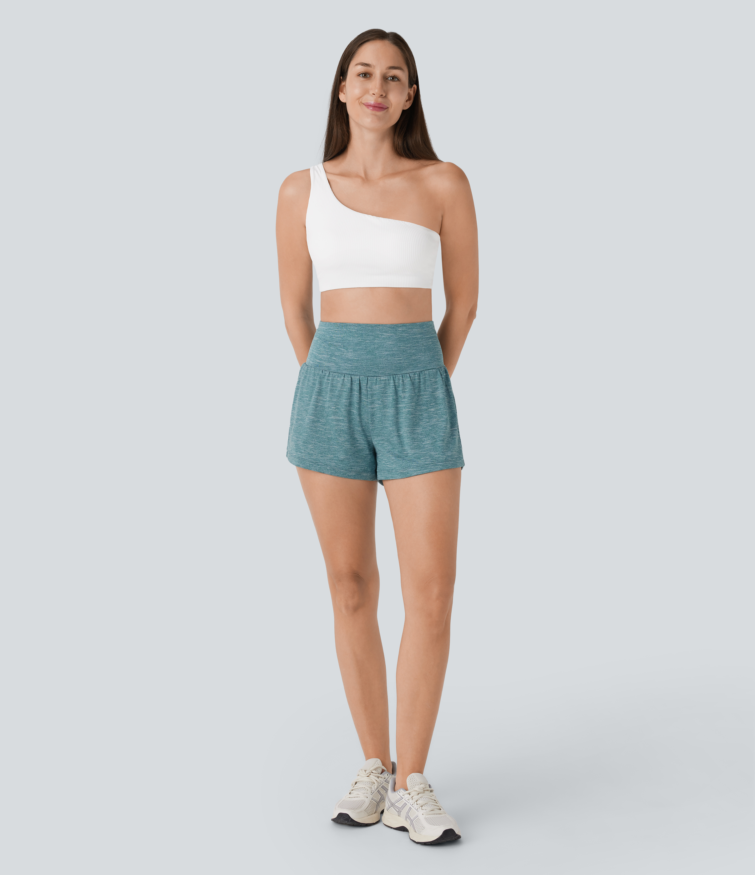 Halara Super High Waisted Back Pocket & Side Hidden Pocket 2-in-1 Yoga Shorts 3`` Gym Short - Patina Green Flower Gray - M booty shorts 