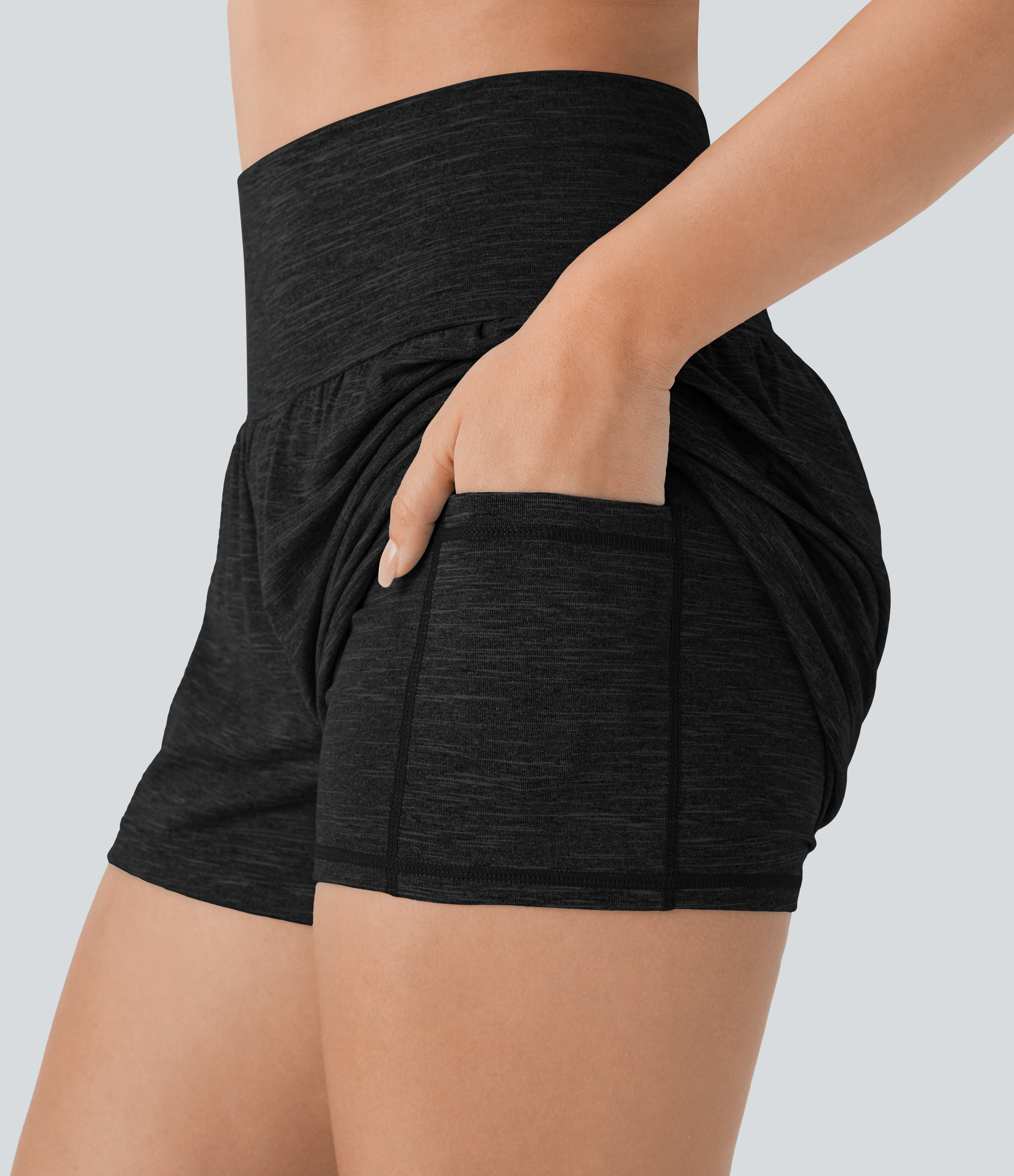 Halara Super High Waisted Back Pocket & Side Hidden Pocket 2-in-1 Yoga Shorts 3`` Gym Short - Grayish Black - S booty shorts 