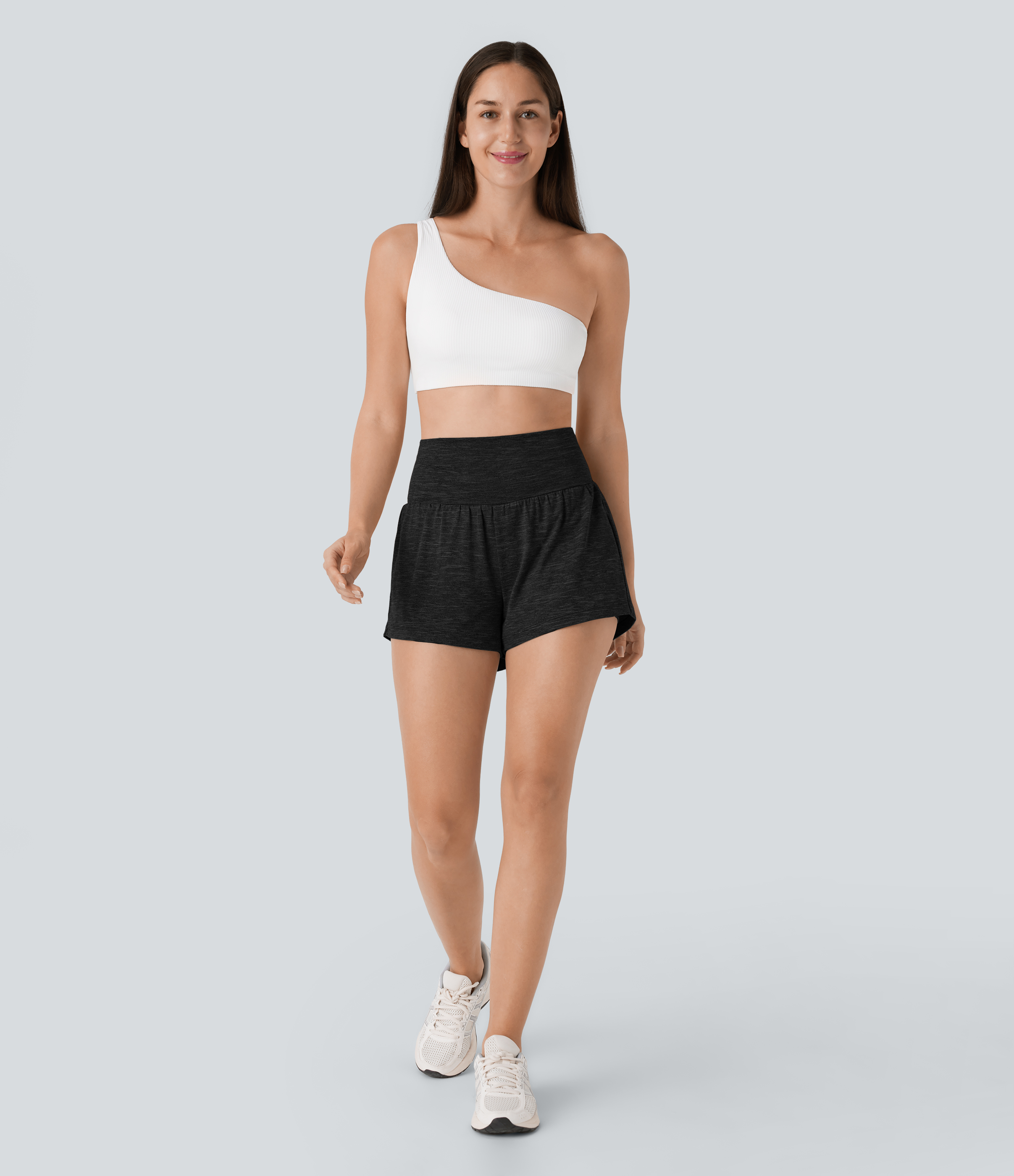 Halara Super High Waisted Back Pocket & Side Hidden Pocket 2-in-1 Yoga Shorts 3`` Gym Short - Grayish Black - S booty shorts 