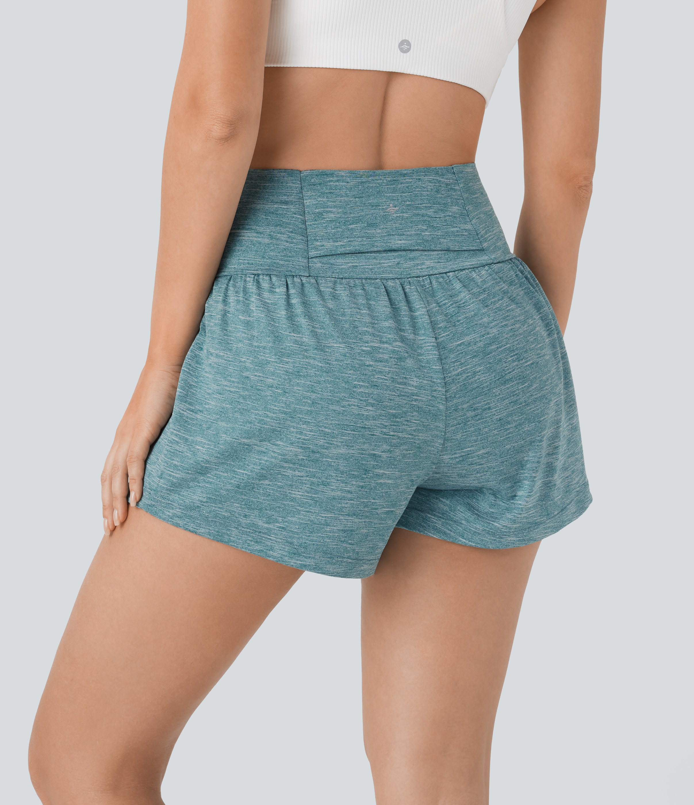 Halara Super High Waisted Back Pocket & Side Hidden Pocket 2-in-1 Yoga Shorts 3`` Gym Short - Patina Green Flower Gray - M booty shorts 