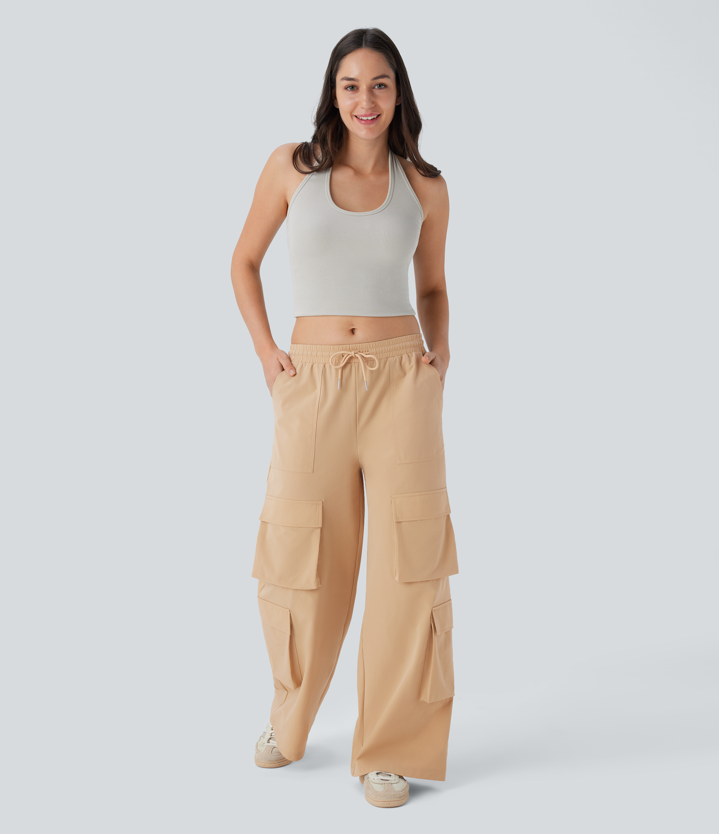 Halara Mid Rise Drawstring Multiple Pockets Wide Leg Cargo Casual Pants  - Moonstone - L(regular) sweatpants jogger pants stacked sweatpants 