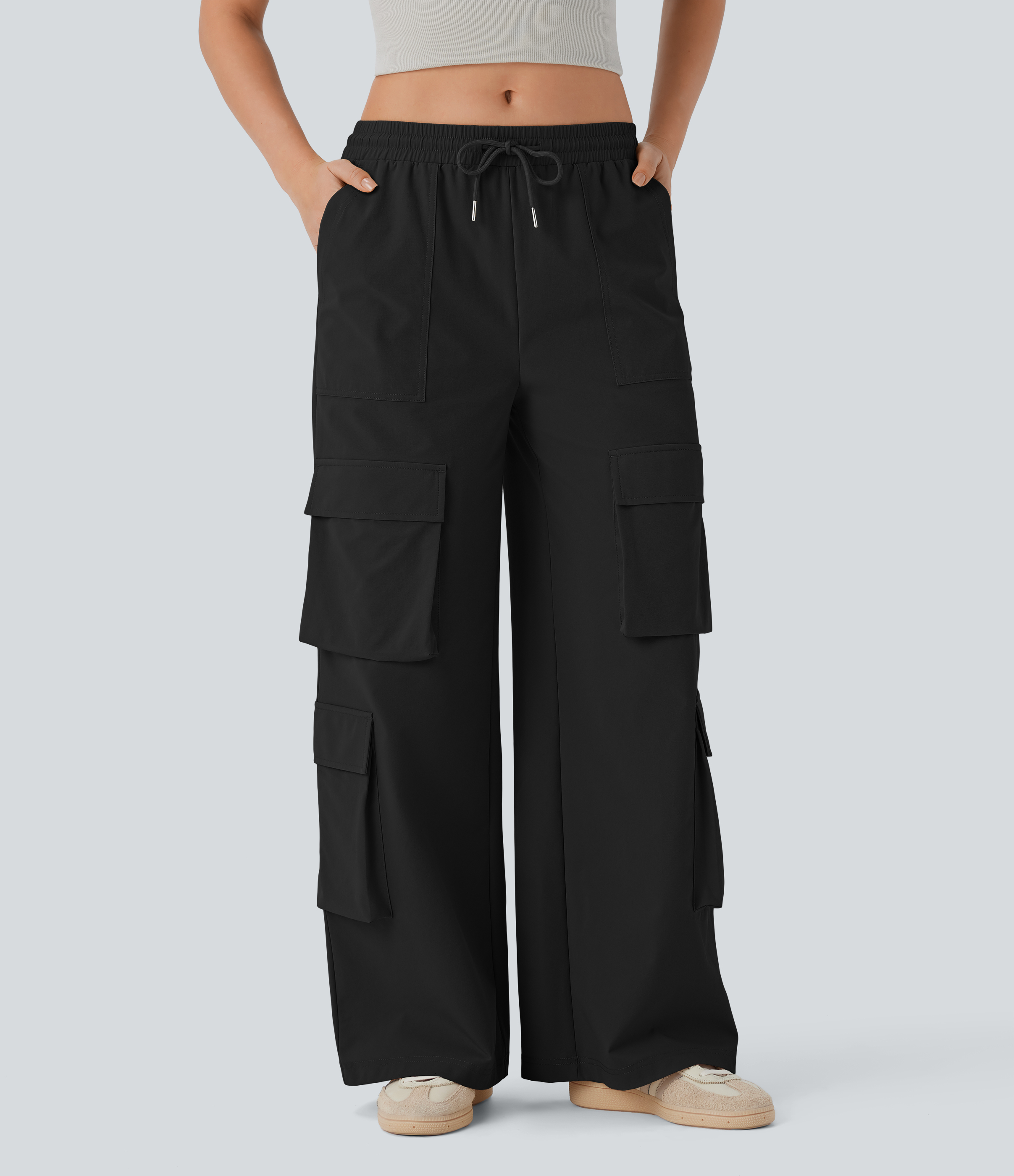 Halara Mid Rise Drawstring Multiple Pockets Wide Leg Cargo Casual Pants  - Black - L(regular) sweatpants jogger pants stacked sweatpants 