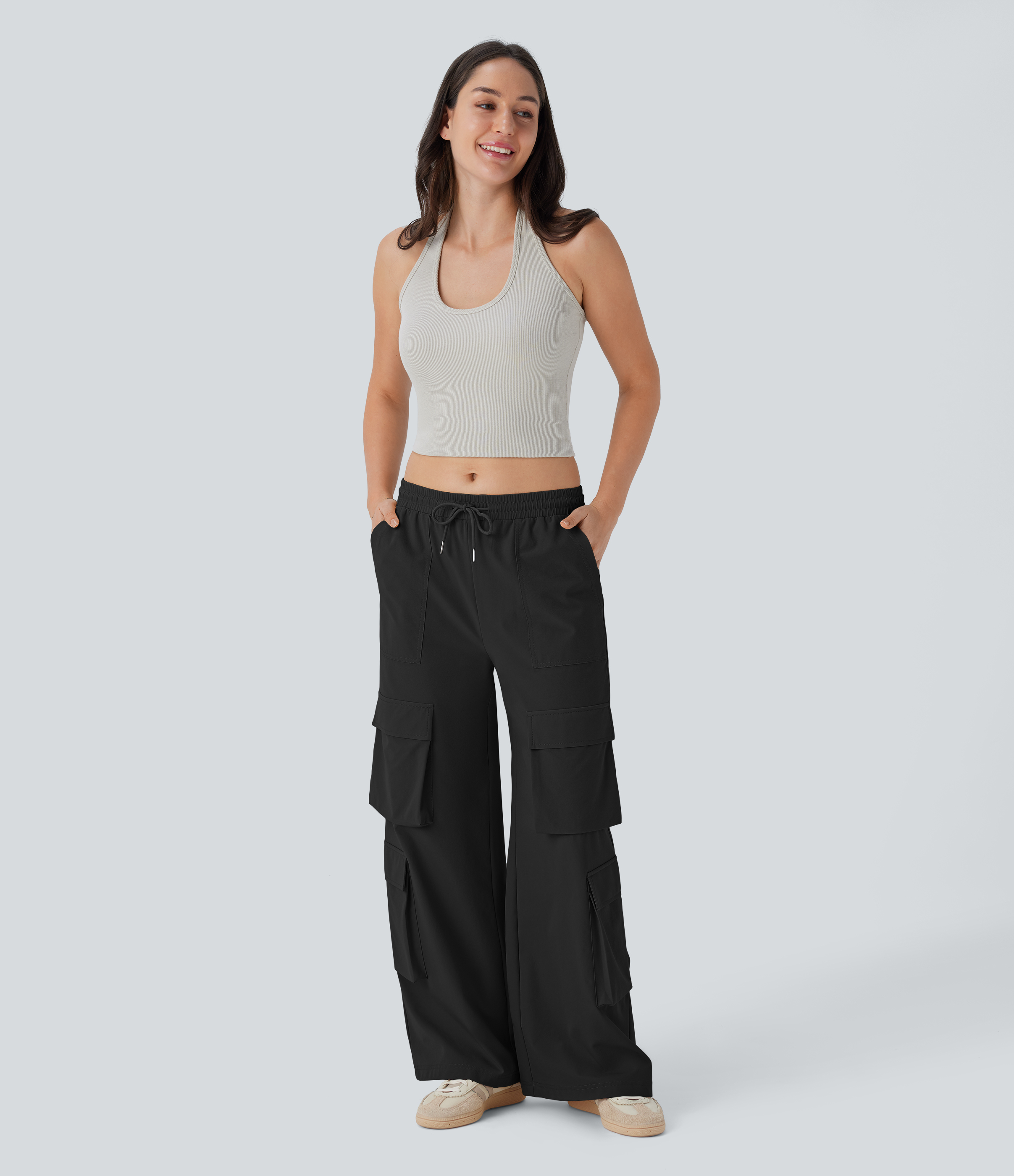 Halara Mid Rise Drawstring Multiple Pockets Wide Leg Cargo Casual Pants  - Black - L(regular) sweatpants jogger pants stacked sweatpants 