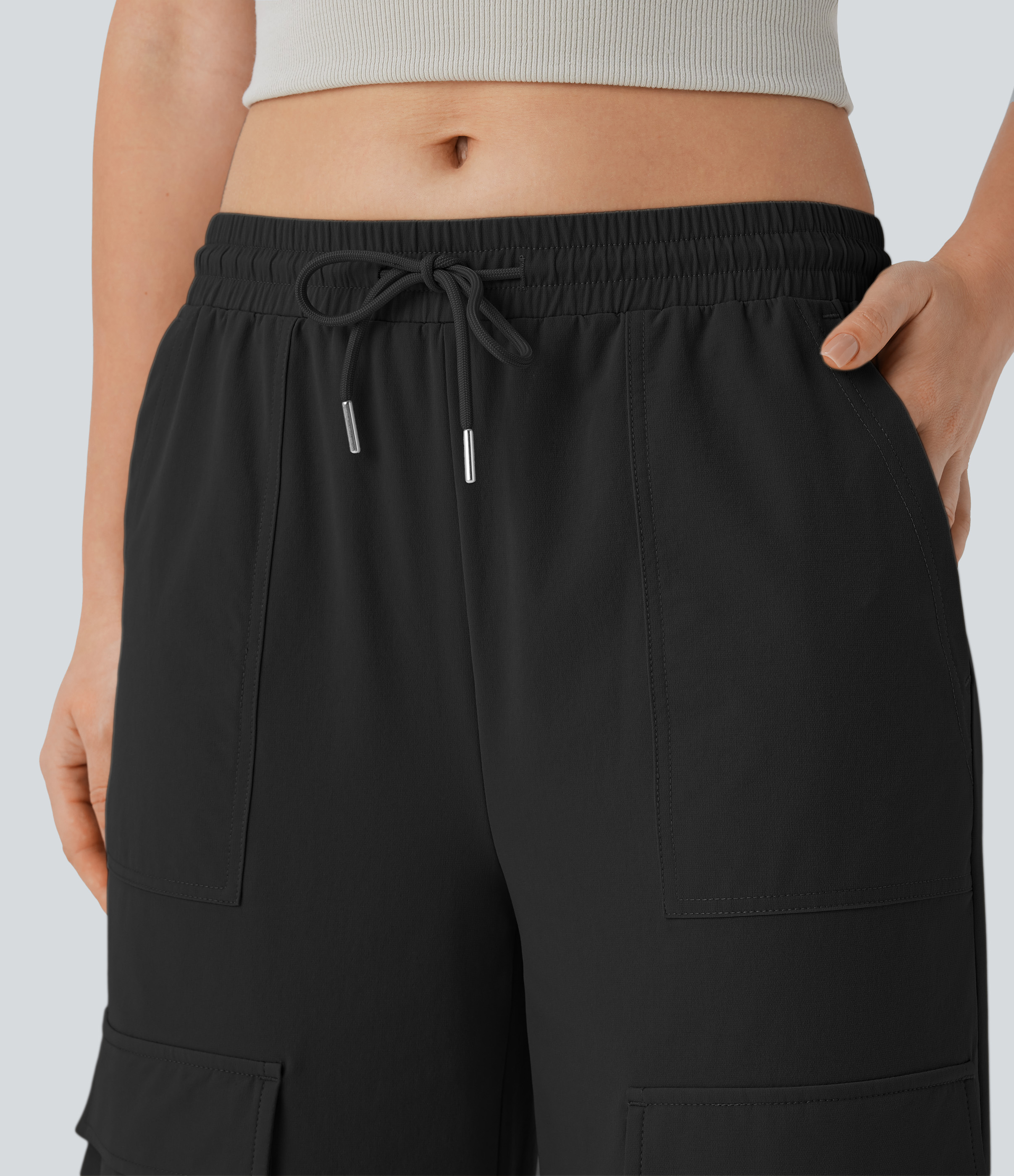 Halara Mid Rise Drawstring Multiple Pockets Wide Leg Cargo Casual Pants  - Black - L(regular) sweatpants jogger pants stacked sweatpants 