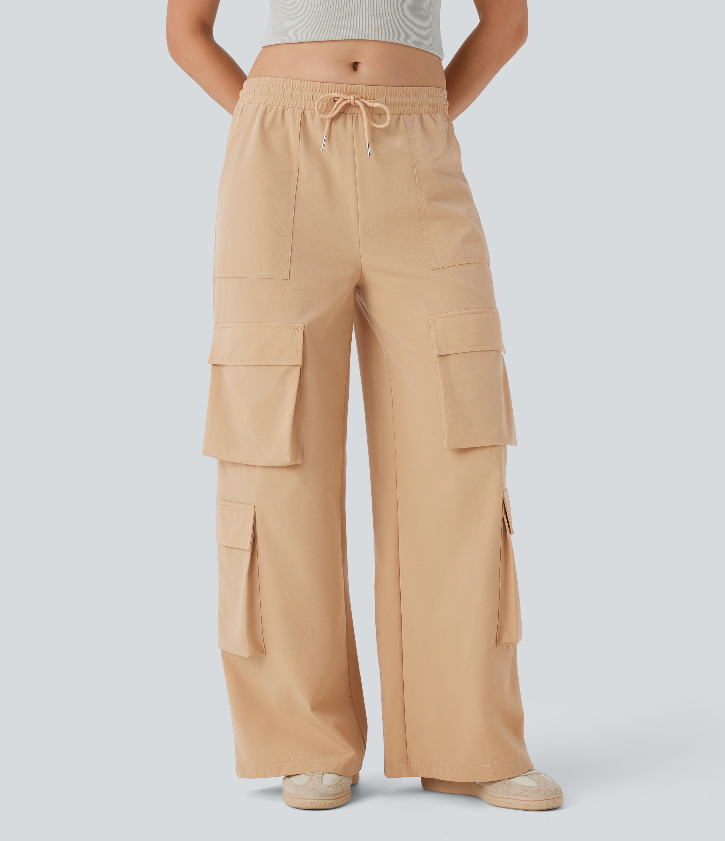 Halara Mid Rise Drawstring Multiple Pockets Wide Leg Cargo Casual Pants  - Moonstone - L(regular) sweatpants jogger pants stacked sweatpants 