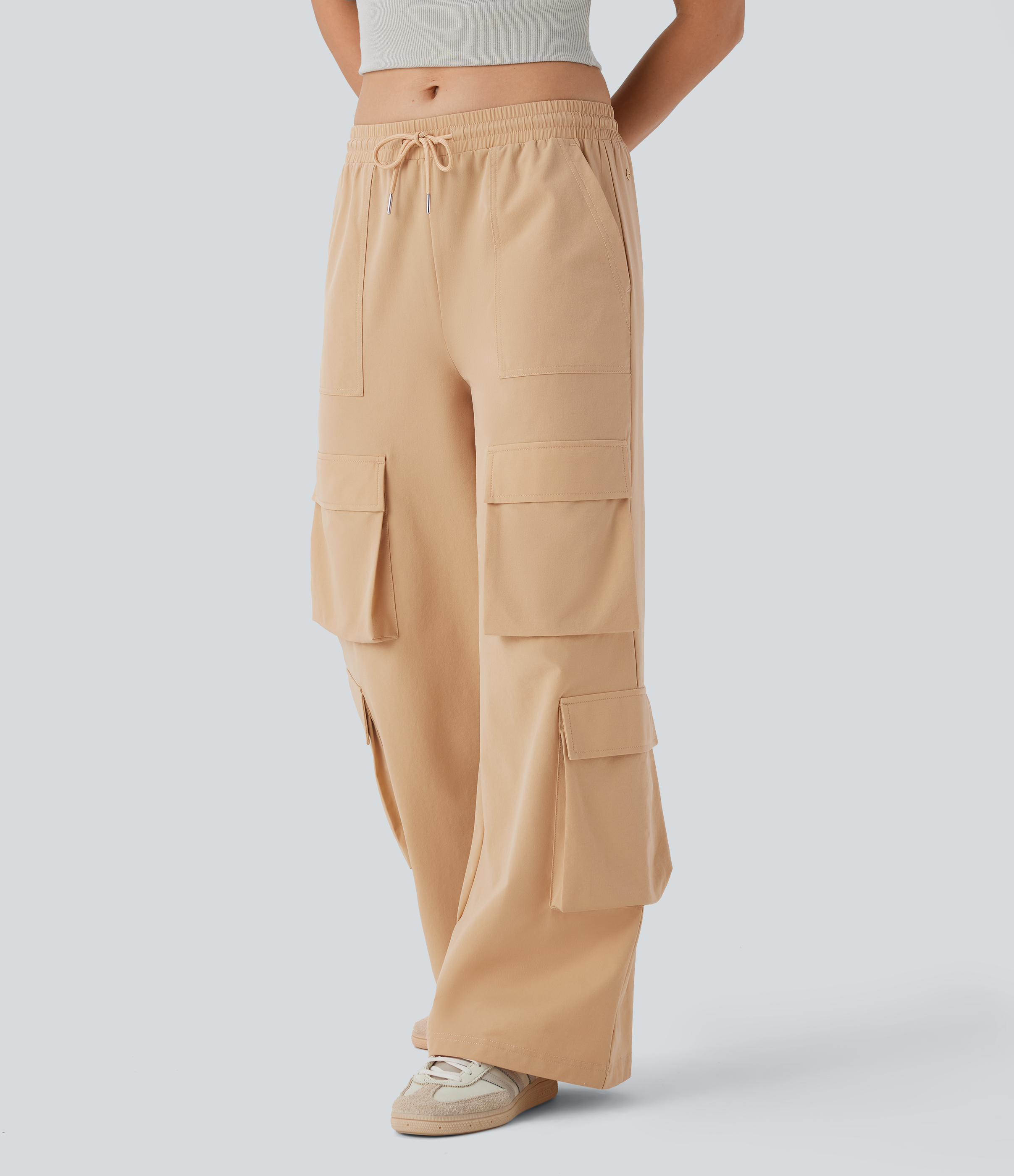 Halara Mid Rise Drawstring Multiple Pockets Wide Leg Cargo Casual Pants  - Moonstone - L(regular) sweatpants jogger pants stacked sweatpants 