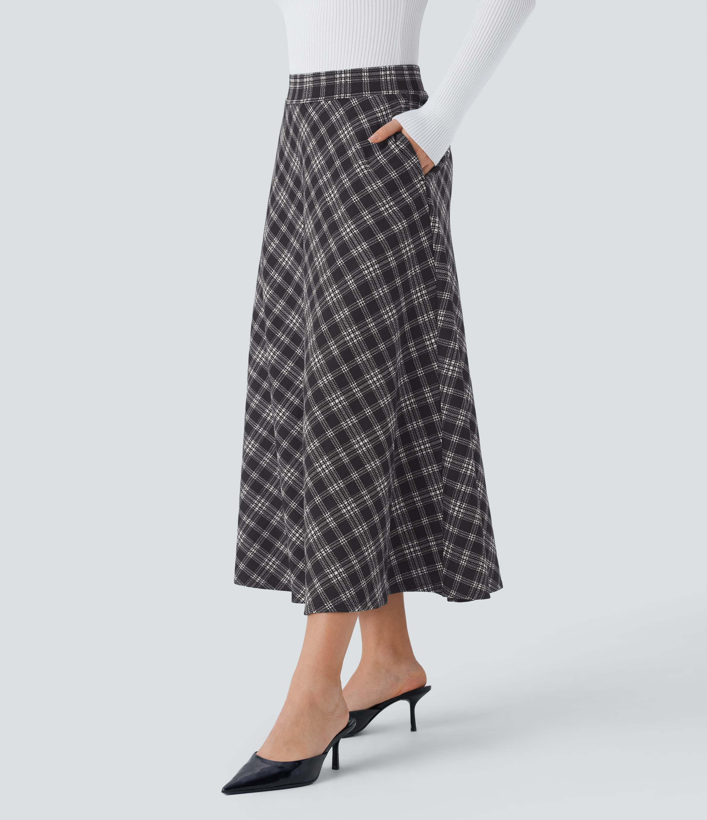 Halara High Waisted Side Pocket Houndstooth Plaid Flare Midi Casual Skirt  - Black Tartan Plaid - S(regular) 