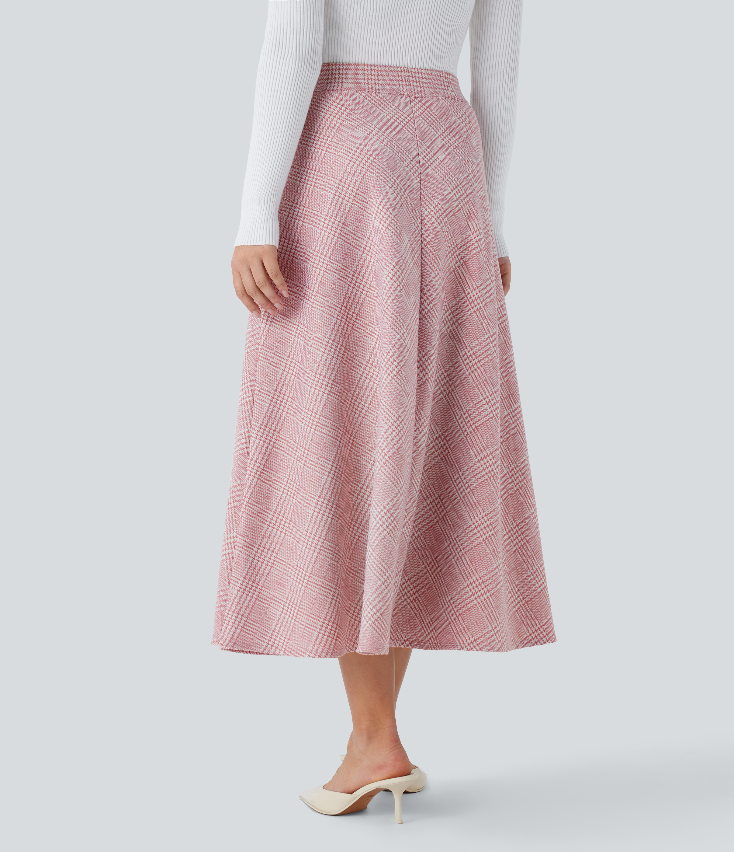 Halara High Waisted Side Pocket Houndstooth Plaid Flare Midi Casual Skirt  - Bean Paste Houndstooth Plaid - S(regular) 