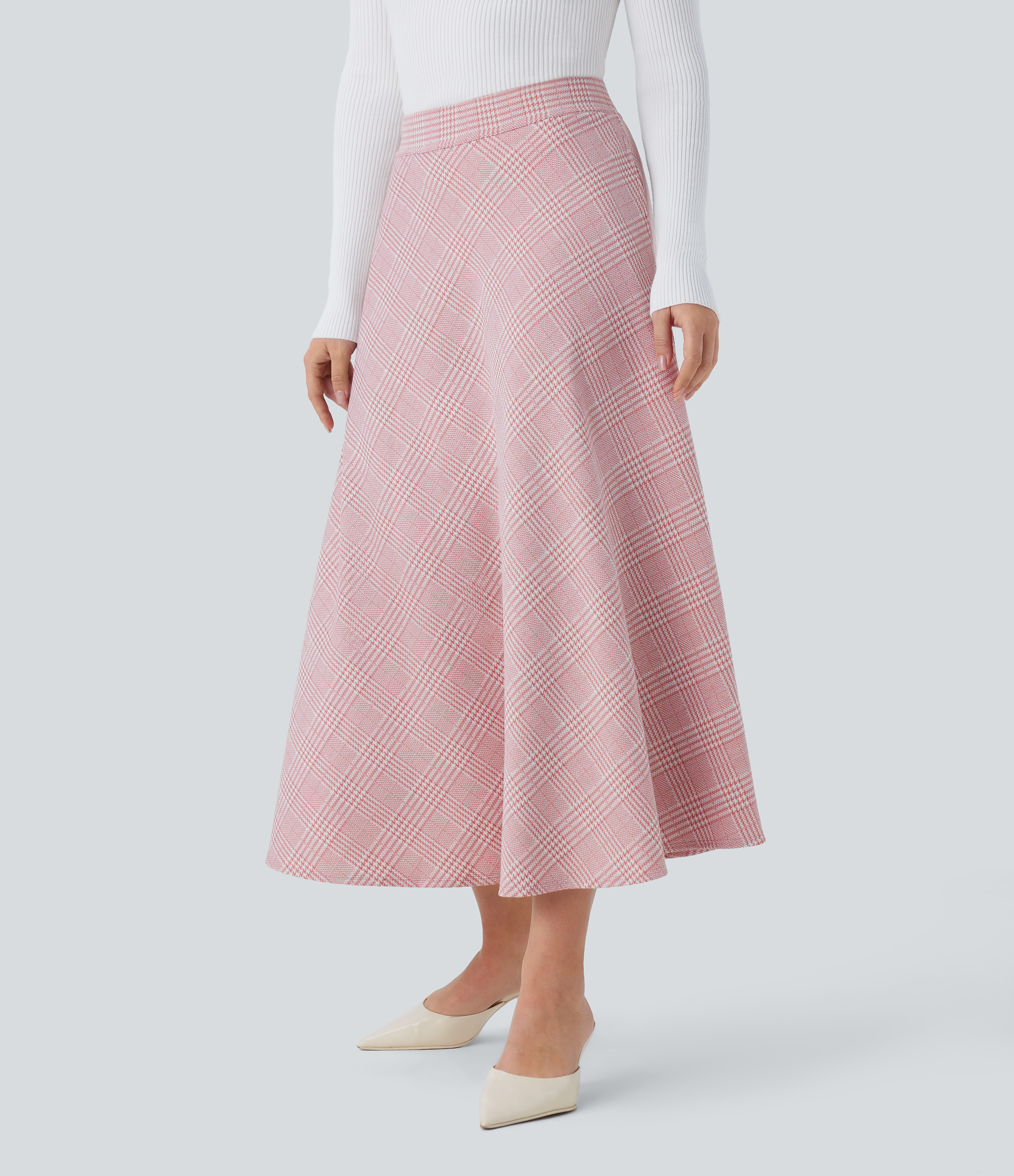 Halara High Waisted Side Pocket Houndstooth Plaid Flare Midi Casual Skirt  - Bean Paste Houndstooth Plaid - S(regular) 