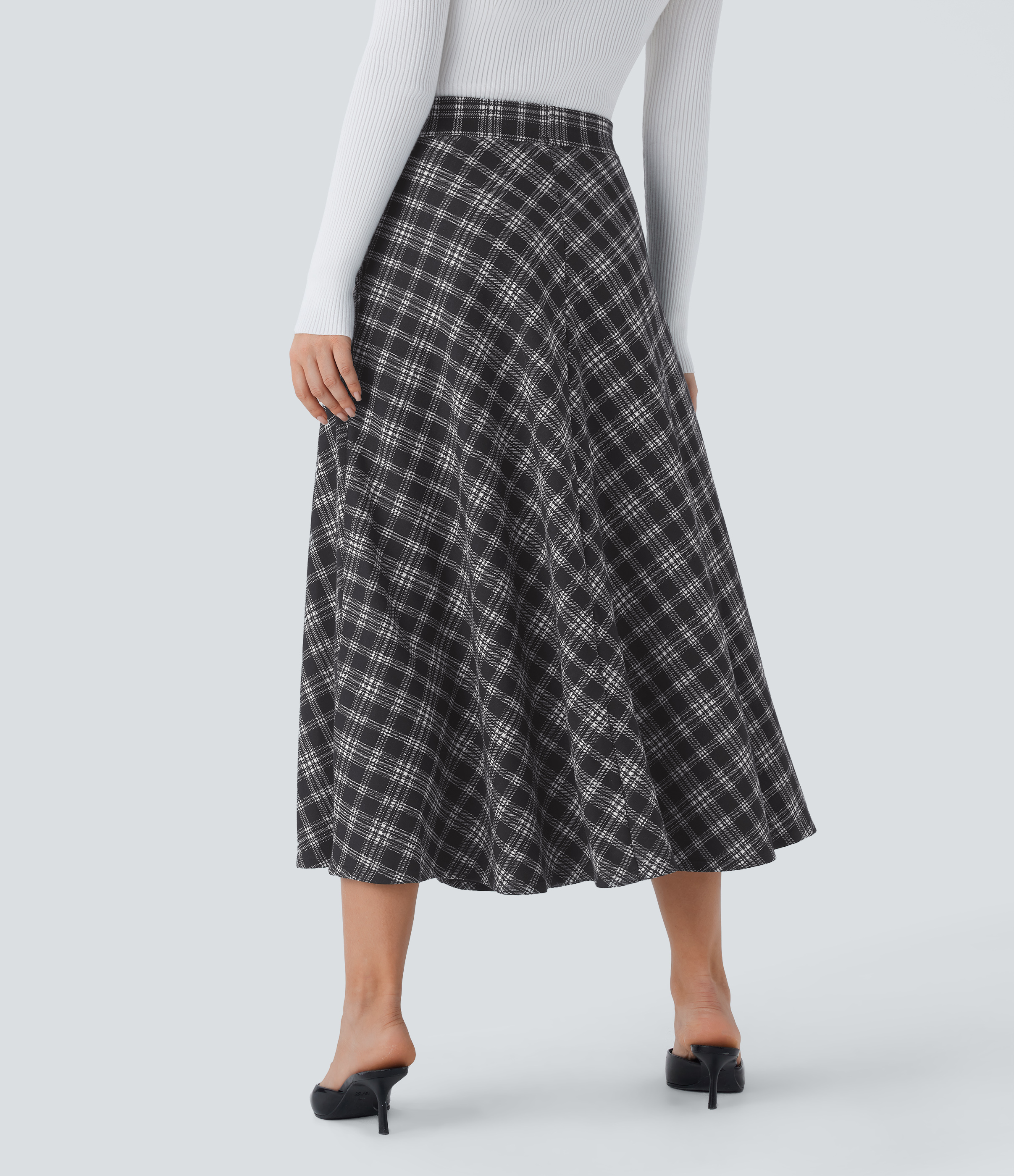 Halara High Waisted Side Pocket Houndstooth Plaid Flare Midi Casual Skirt  - Black Tartan Plaid - S(regular) 