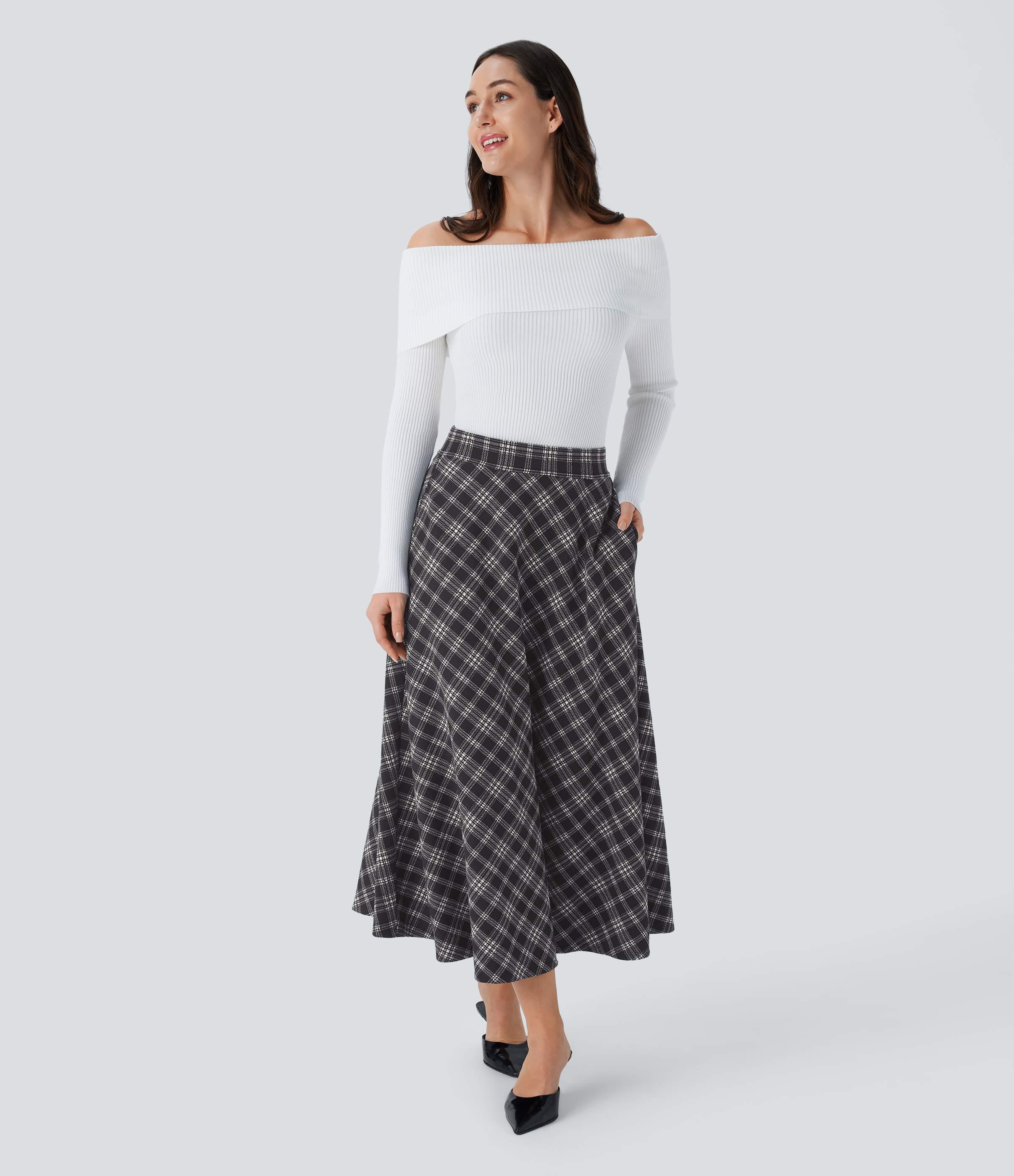 Halara High Waisted Side Pocket Houndstooth Plaid Flare Midi Casual Skirt  - Black Tartan Plaid - S(regular) 