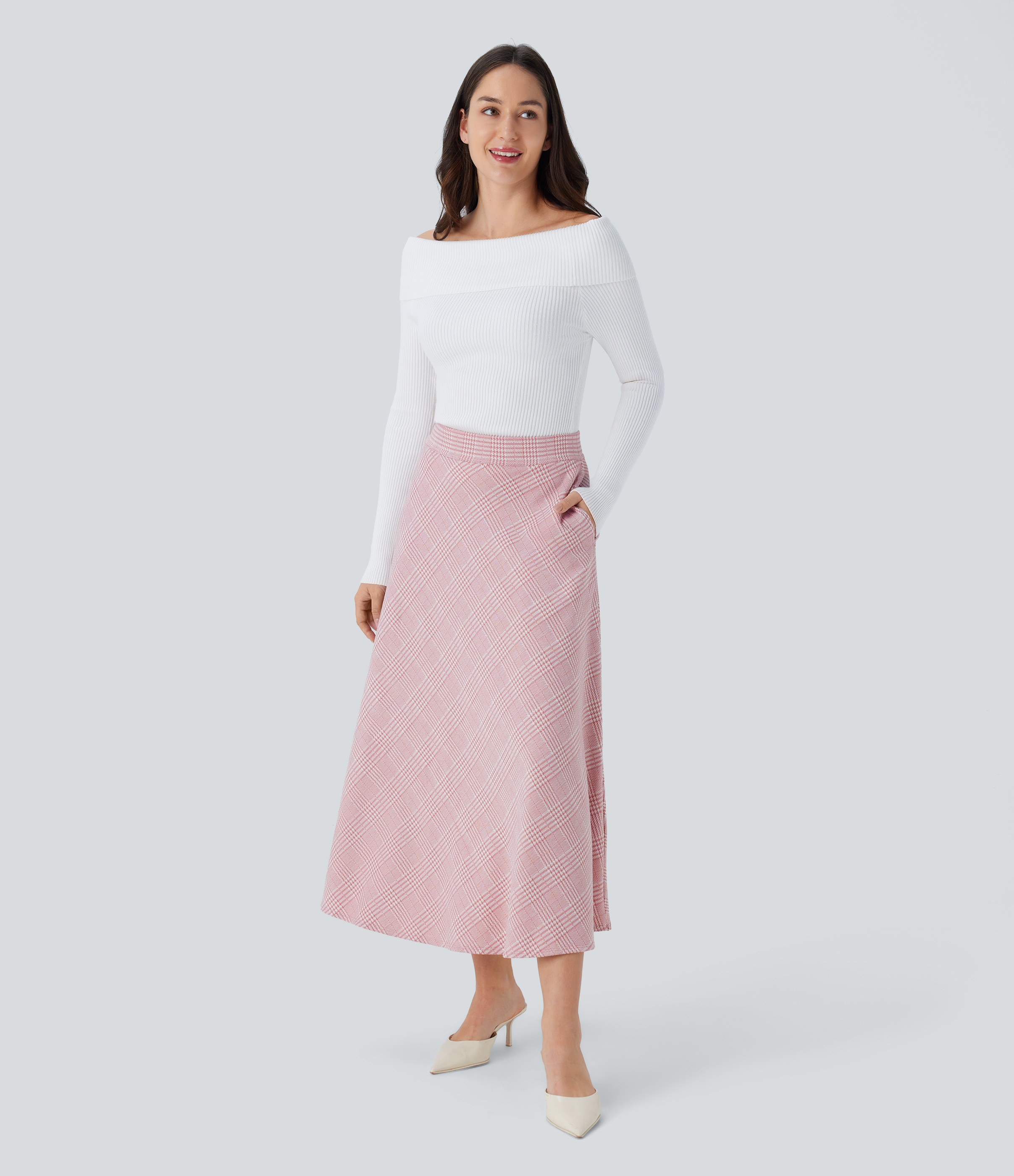 Halara High Waisted Side Pocket Houndstooth Plaid Flare Midi Casual Skirt  - Bean Paste Houndstooth Plaid - S(regular) 