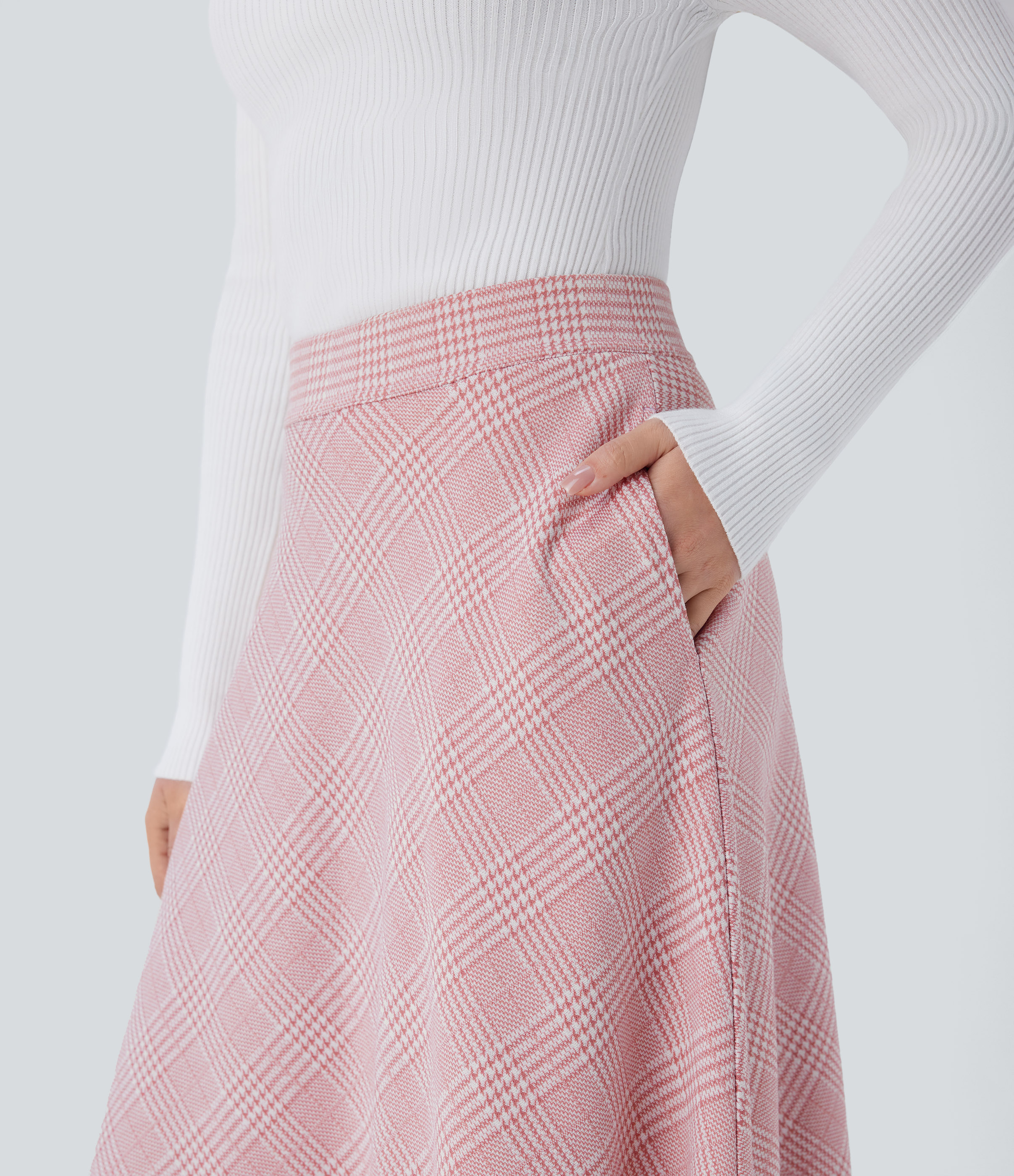 Halara High Waisted Side Pocket Houndstooth Plaid Flare Midi Casual Skirt  - Bean Paste Houndstooth Plaid - S(regular) 