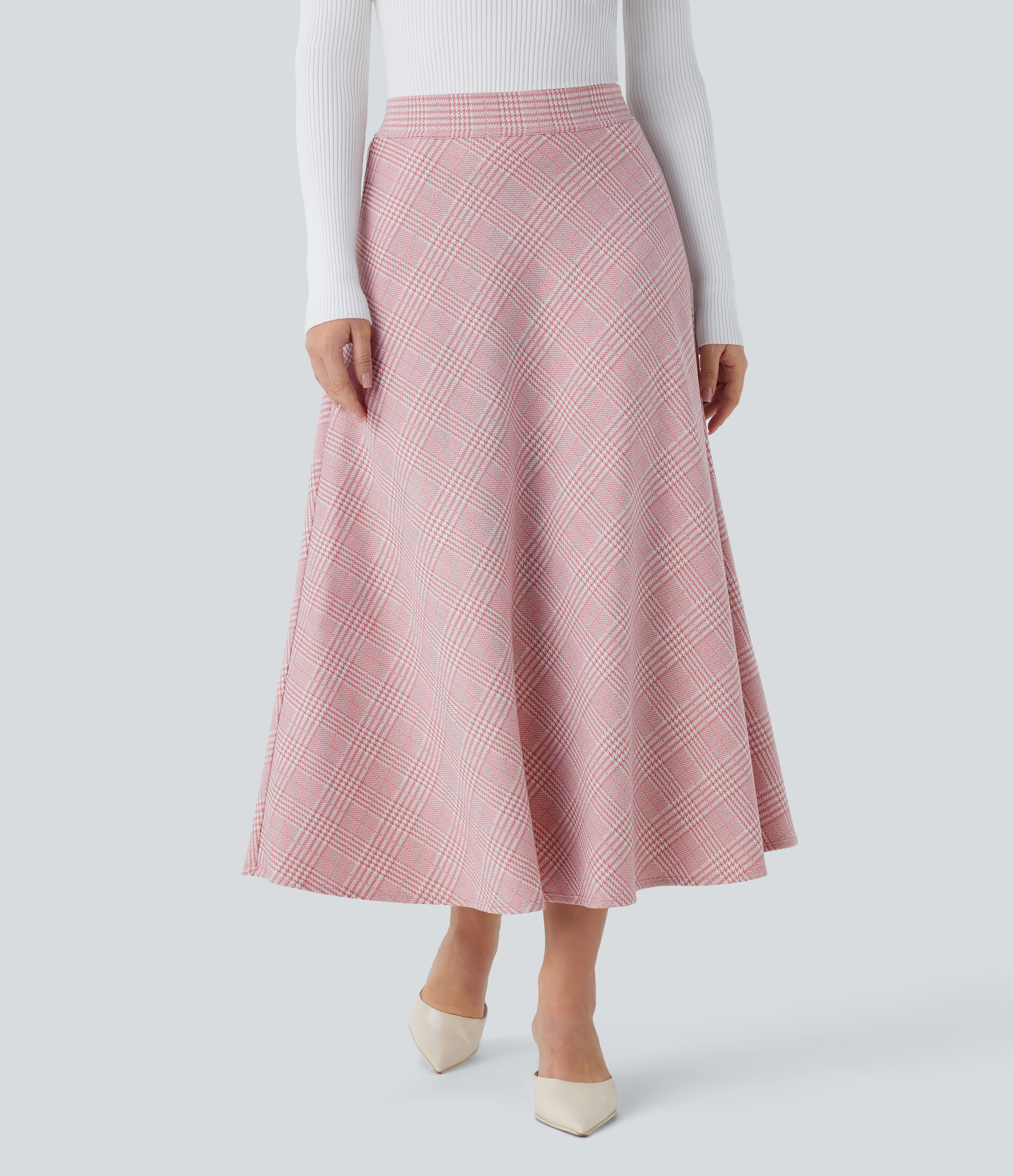 Halara High Waisted Side Pocket Houndstooth Plaid Flare Midi Casual Skirt  - Bean Paste Houndstooth Plaid - S(regular) 