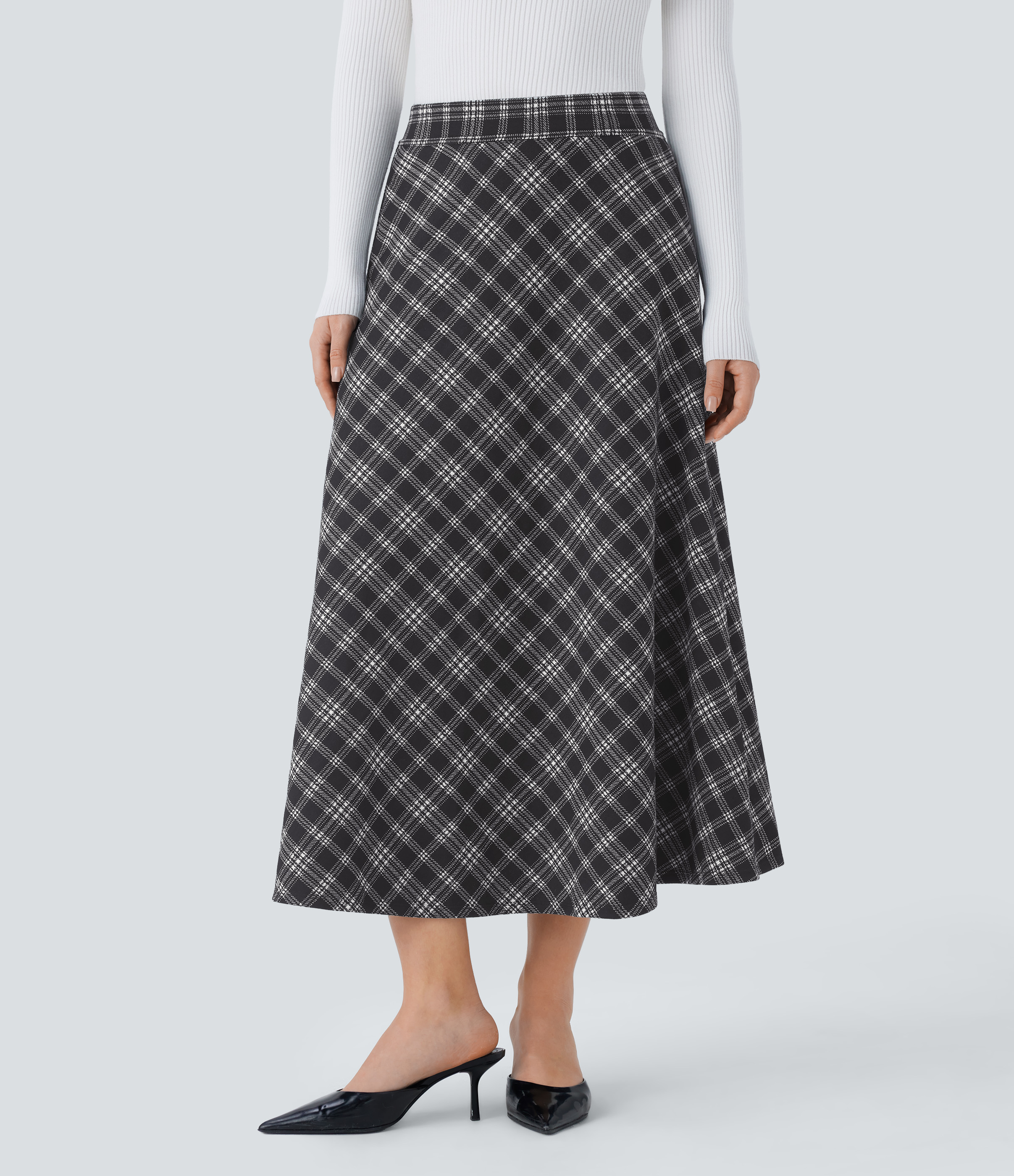 Halara High Waisted Side Pocket Houndstooth Plaid Flare Midi Casual Skirt  - Black Tartan Plaid - S(regular) 